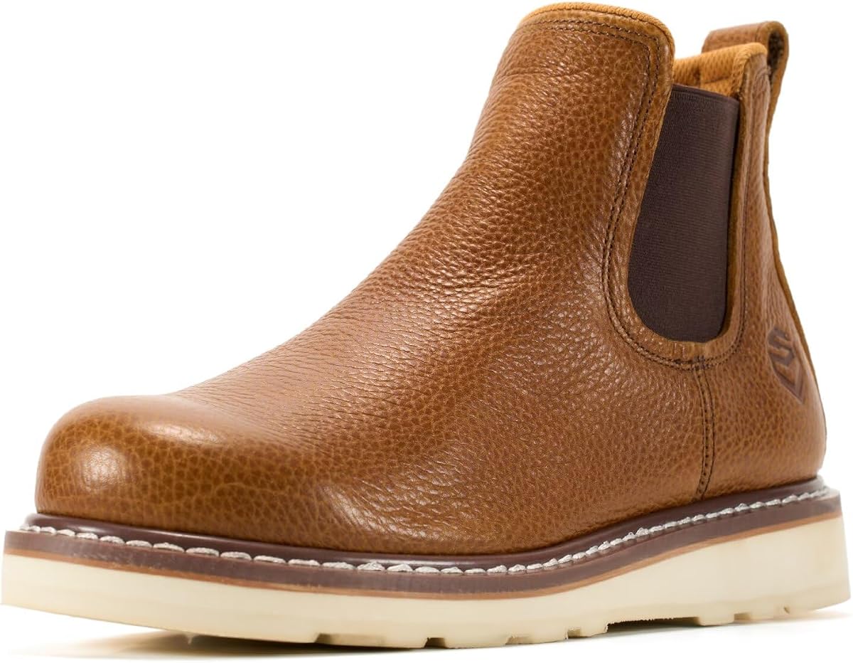 SUREWAY Men's 6-Inch Slip-On Chelsea Work Boots, Soft Toe Leather Boots | GoodyearWelt, thick leather, EH-rated protection, oil- and slip-resistant outsole for industrial work.
