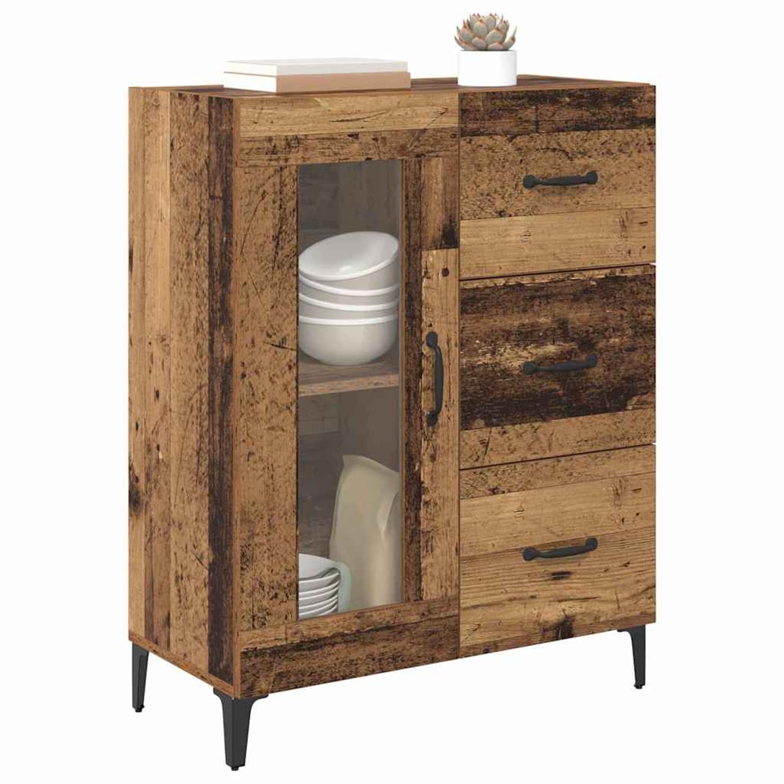 Gecheer Credenza con cassetto e Ante in Vetro, 69,5 x 34 x 90 cm, in Legno ingegnerizzato e Ferro, Stile Rustico per Sala da Pranzo e Soggiorno