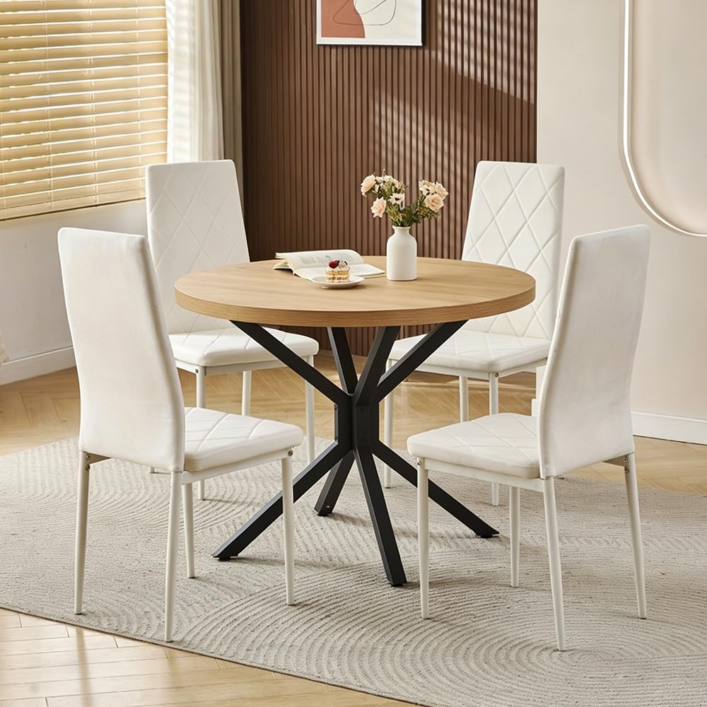 Rainbow Tree Large Round Dining Table and Chairs Set 4, 95cm Wooden Kitchen Table and 4 Chairs for Dining Room, Space Saving Dining Table Set