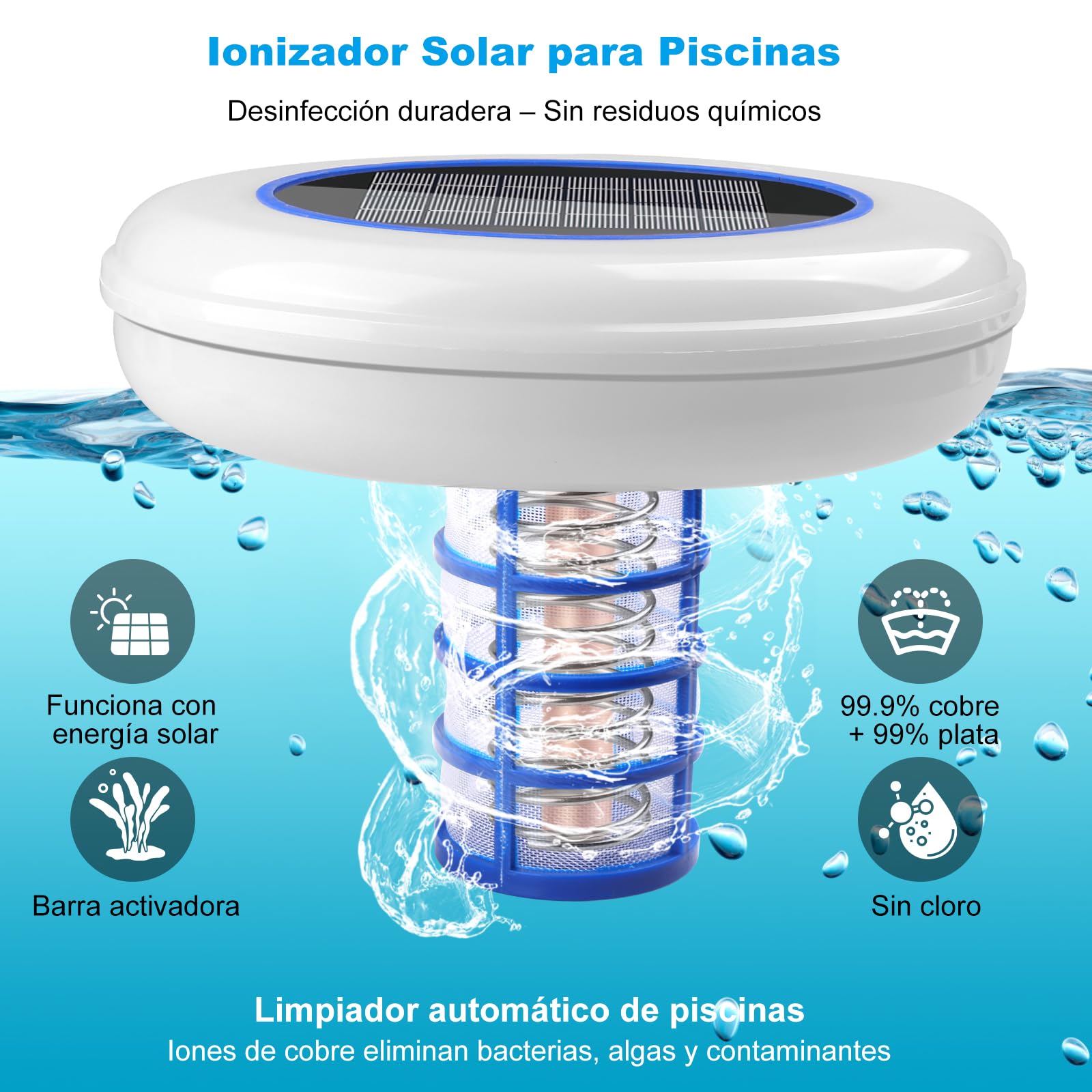 Ionizador Solar para Piscina con Iluminación LED – Purificador de Agua por Iones de Cobre y Plata – 22000 GAL Sin Cloro, IP68 Solar Limpiador Ionizador para Piscina, Fuente, SPA
