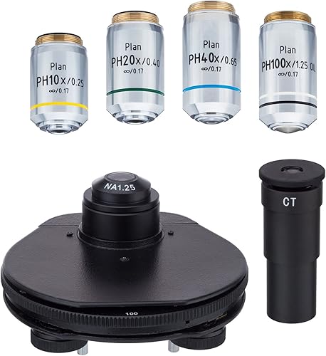 AmScope Kit de contraste de fase corregido infinito con condensador de torreta y objetivos de plan para microscopios de la serie 670