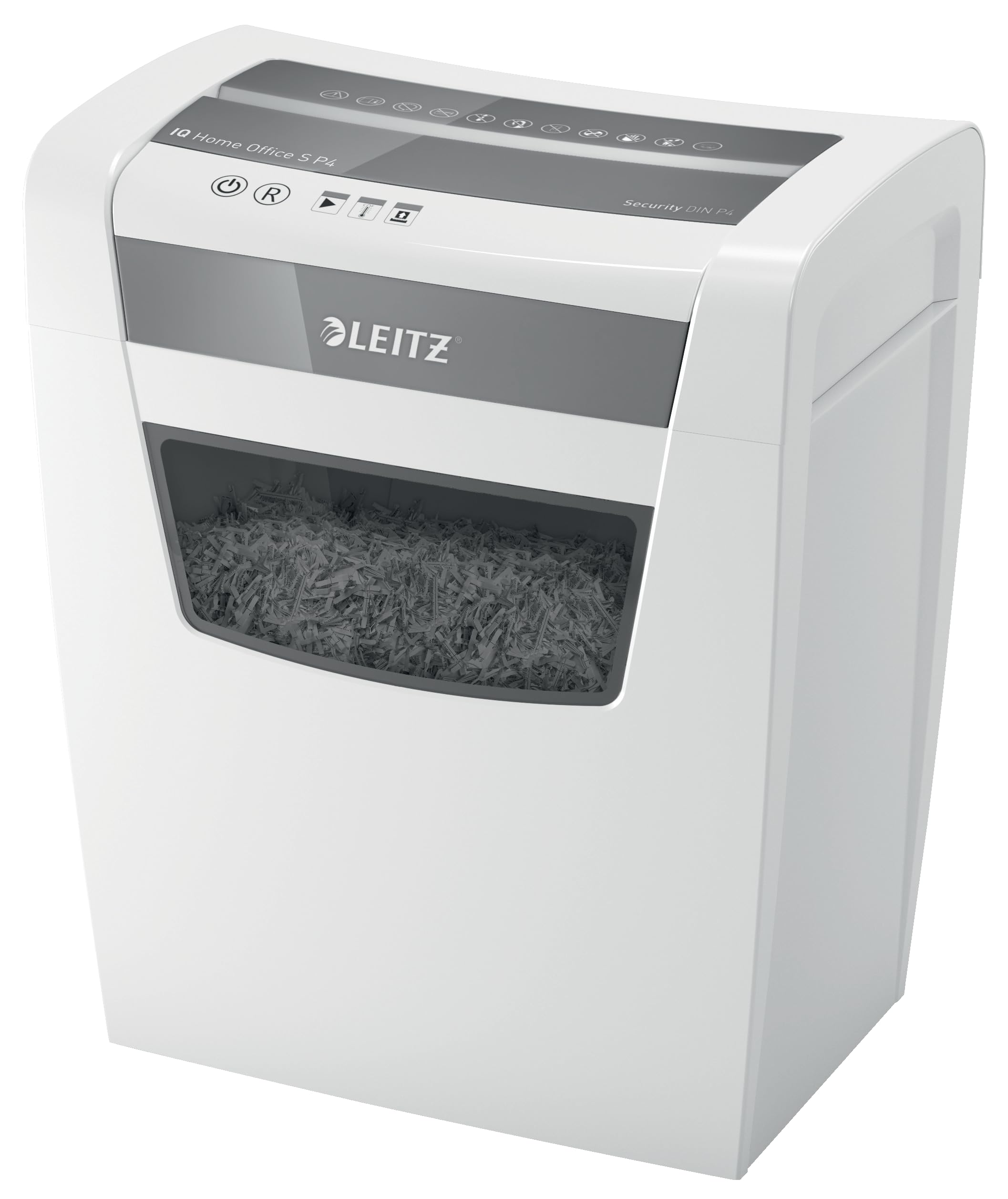 Leitz IQ Home Office S niszczarka dokumentów, pojemność 9-8 arkuszy (70-80 g/m²), cięcie cząstek, poziom bezpieczeństwa P4, pojemnik na odpady 15 l, rozdrabniacz, biała, 80360000
