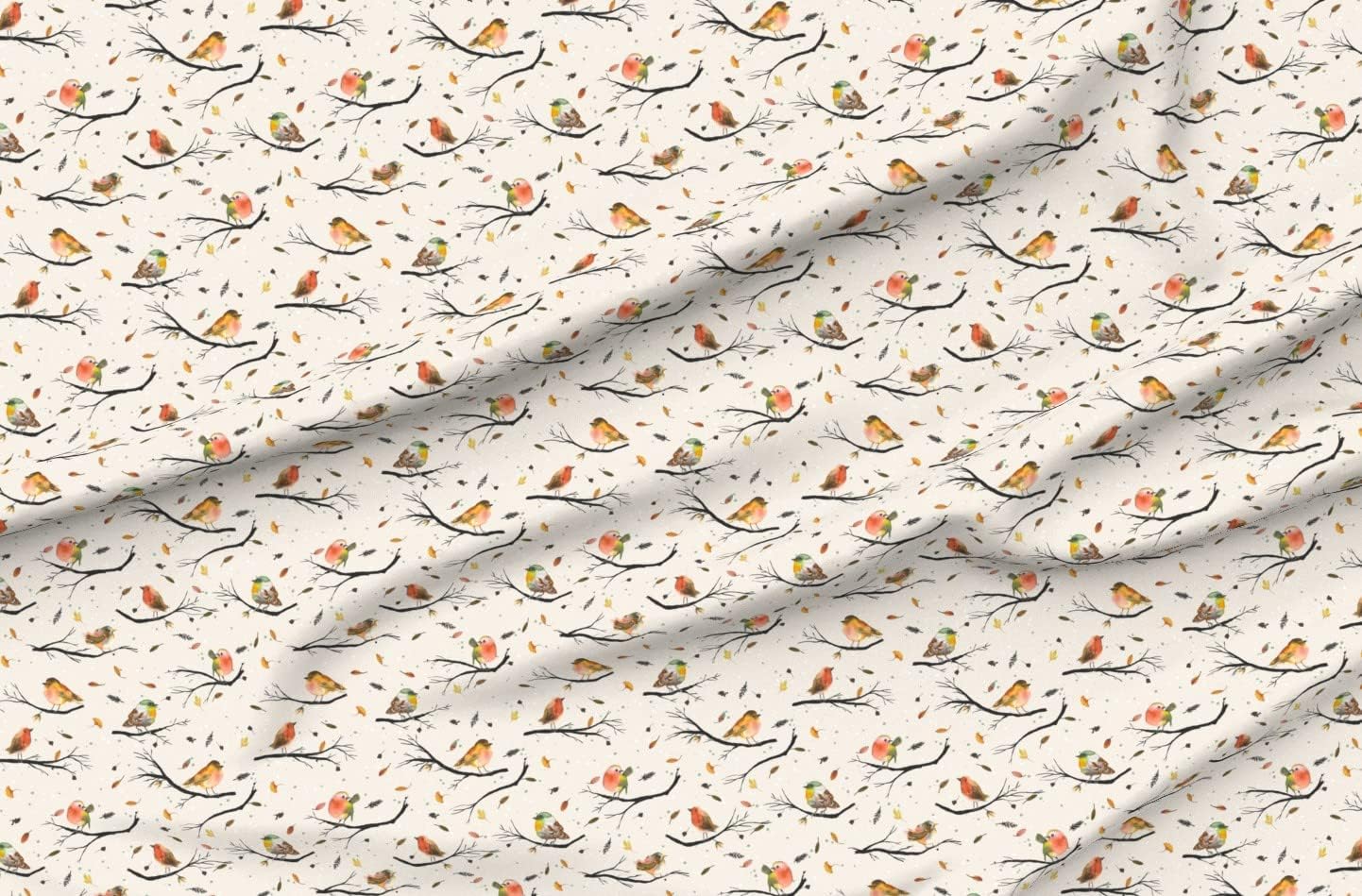Spoonflower Fabric - Bird Branches Autumn Beige Cute Birds Woodland Animals Winter Printed on Organic Cotton Sateen Fabric by The Yard - Sewing Quilting Apparel Home Decor