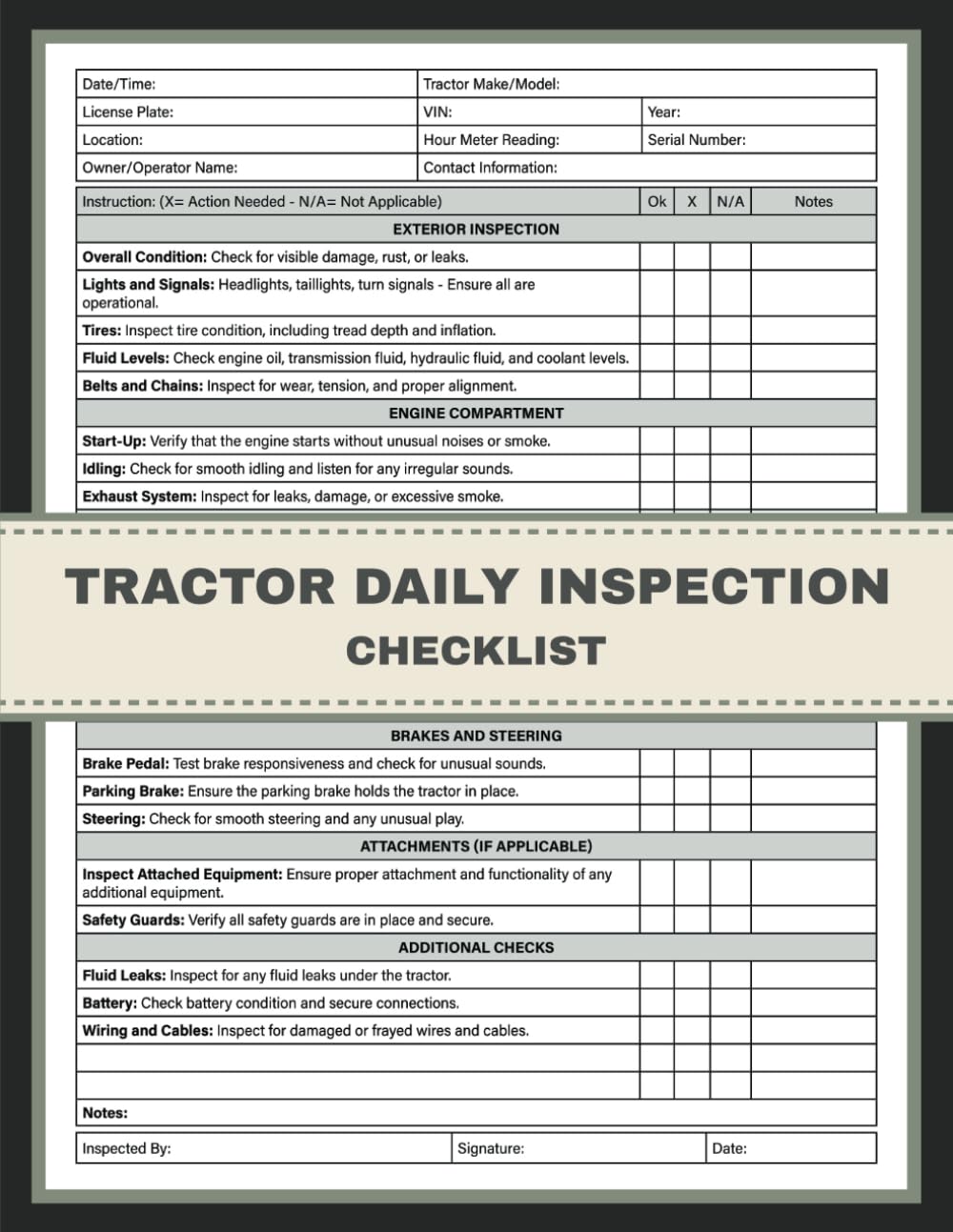 Tractor Daily Inspection Checklist Tractor PreUse, PreStart