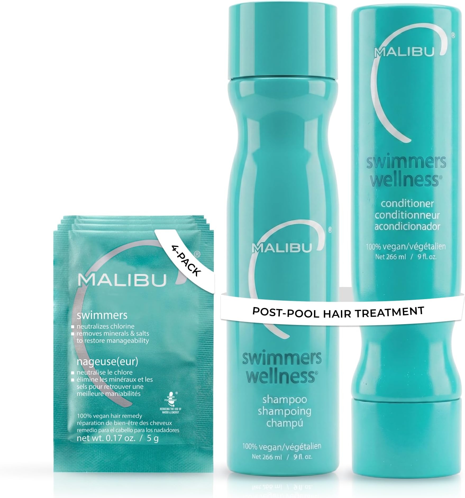 Malibu C Swimmers Wellness Shampoo and Conditioner + Hair Mask Summer Essentials Kit - Adults & Kids Clarifying, Moisturizing, Shine Restoring Hair Care - Protects from Pool Chlorine & Copper, 6 Ct