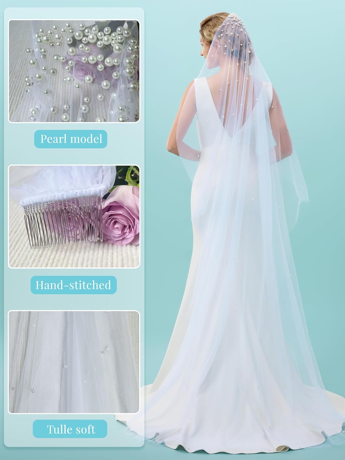 Wedding Veil,Pearl Bridal Tulle Veil, With Metal Comb Veils for Women Wedding