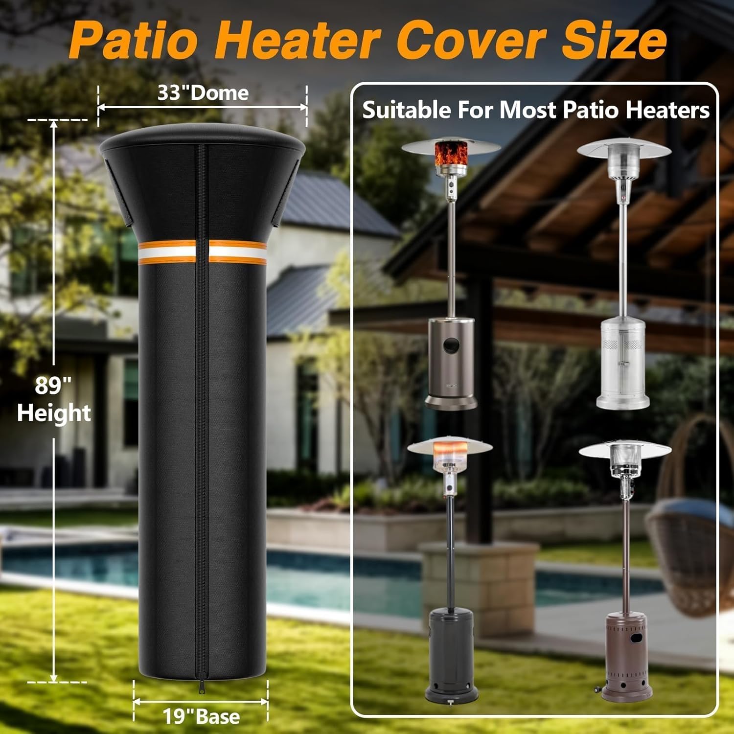 EVRBUL Patio Heater Cover with Zipper, Heavy Duty 420D Waterproof Windproof Sunproof Dustproof Outdoor Heater Cover for Standing Heater (89”L x 33”D x 19”B)