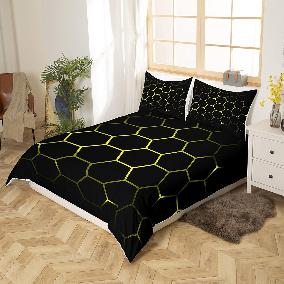 Yellow and Black Print Duvet Cover Hexagonal Bedding Set Kids Boys Teens Honeycomb Decor Comforter Cover Beehive Simplistic Geometric Monochrome Bedspread Cover Bedroom Collection 3Pcs Queen Size