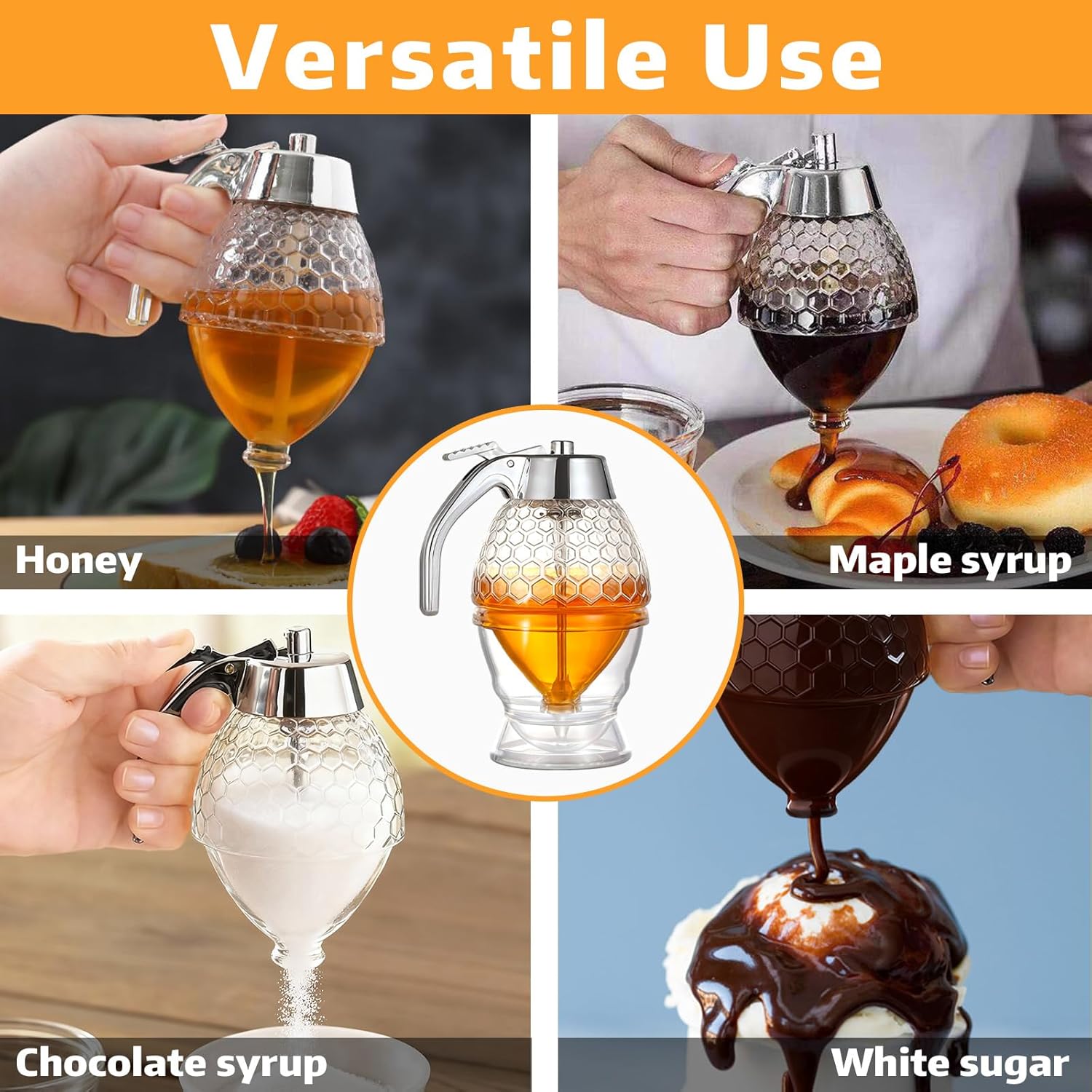 Honey Dispenser - Glass Honey Dispenser No Drip, 8oz Pot with Stand, Maple Syrup Container, Elegant Honeycomb Shaped Jar for Tea Time (general)