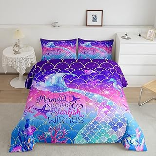 Erosebridal Girls Comforter Set King Size,Kawaii Mermaid Tail Bedding Set for Kids Women,Gold Stars Rainbow Fish Scale Quilt Set,Watercolor Rainbow Neon Ombre Down Comforter with 2 Pillowcases