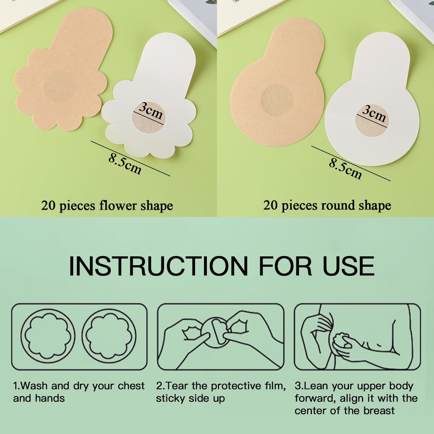 40 Pieces Disposable Pasties Nipple Covers with Lift, Invisible Nipple Petals Beige