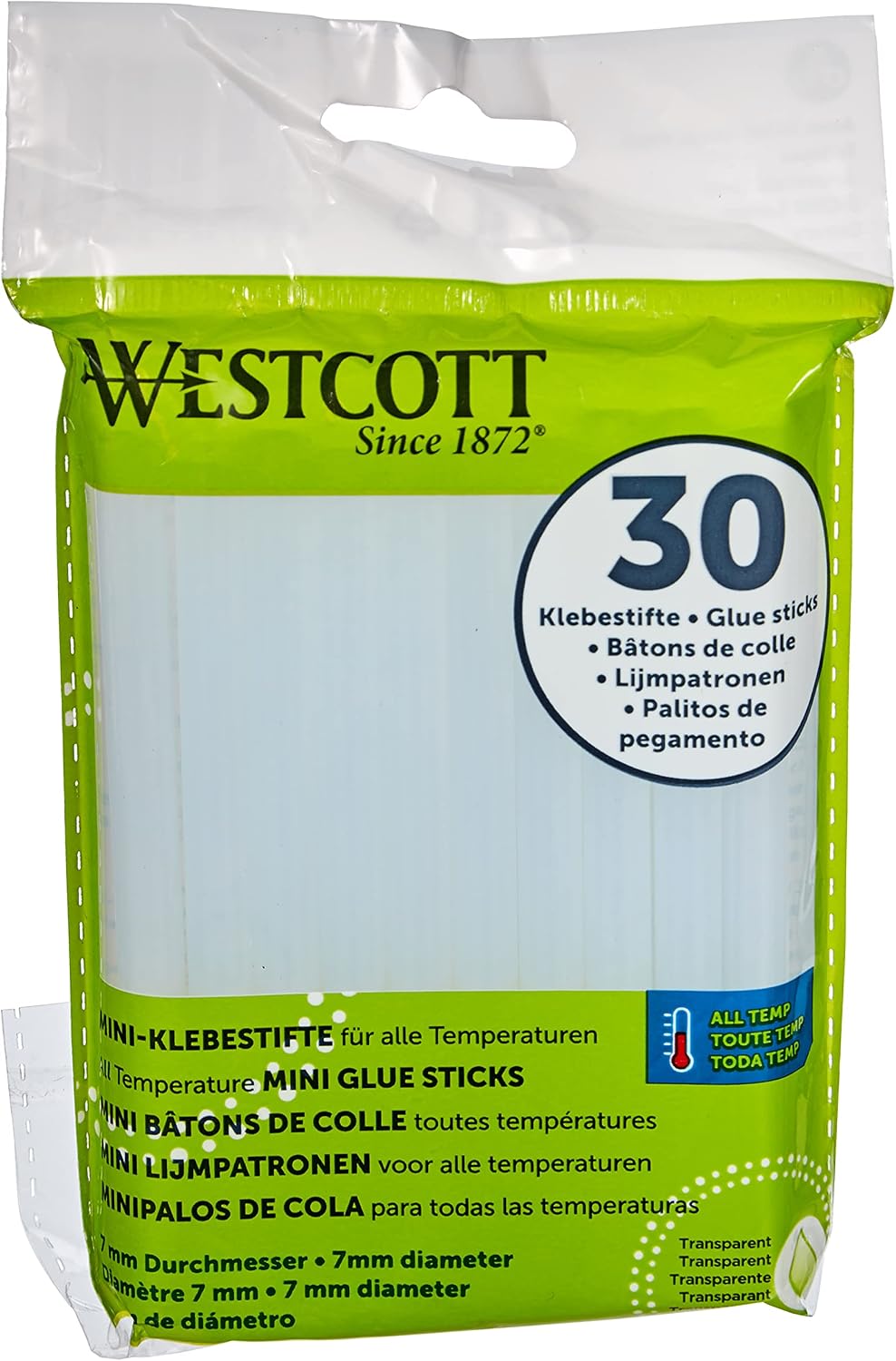 Westcott Mini Glue Sticks, Set of 30, 7 mm Diameter, 102 mm Long, Transparent, cartridges for hot Glue Gun, E-16837 00, 7 mm