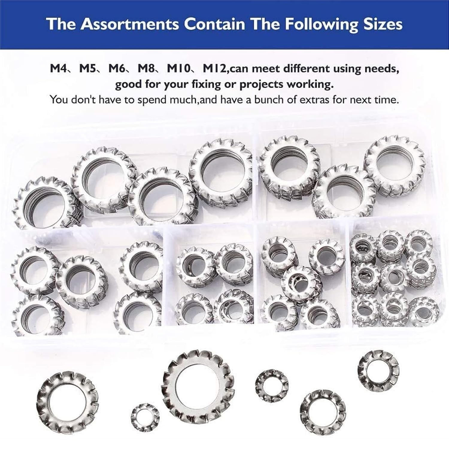 M2 M2.5 M3 M4 M5 M6 M8 M10 M12 304 Stainless Steel External Serrated Lock Washers Assortment Set External Tooth Washers Silver