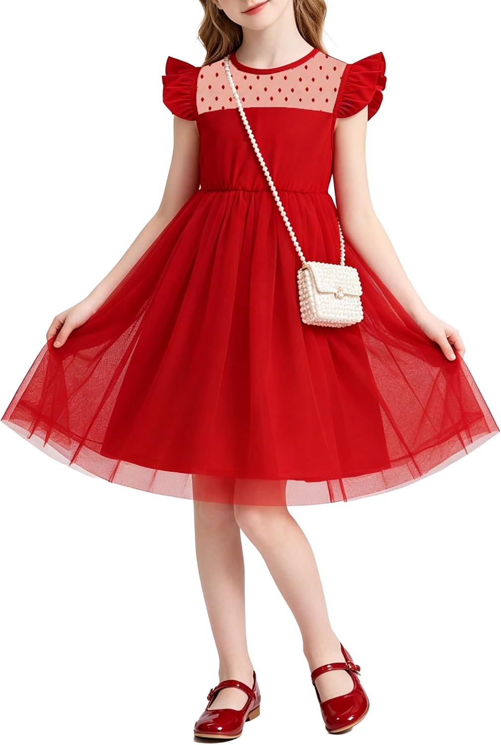 Flower Girl Dress Mesh Flutter Sleeve Tulle Summer Casual Party Wedding Guest Dress,A-Line