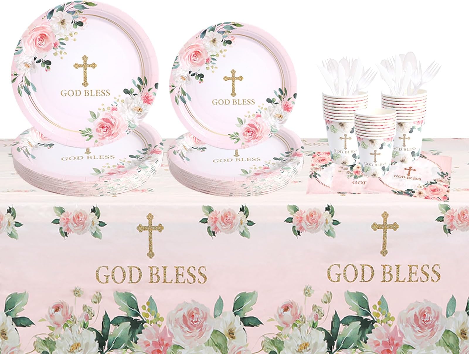 169 pcs Pink Baptism Plates, Napkins, Cutleries, Tablecloth for 24 persons (24)