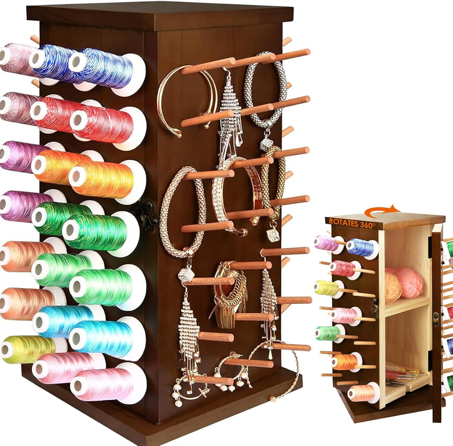 Acacia Wood 84 Spools Thread Rack/Thread Holder Organizer with Inner Storage Compartments, 360° Fully Rotating Thread Storage Organizer for Sewing, Embroidery, Hair-braiding and Jewelry