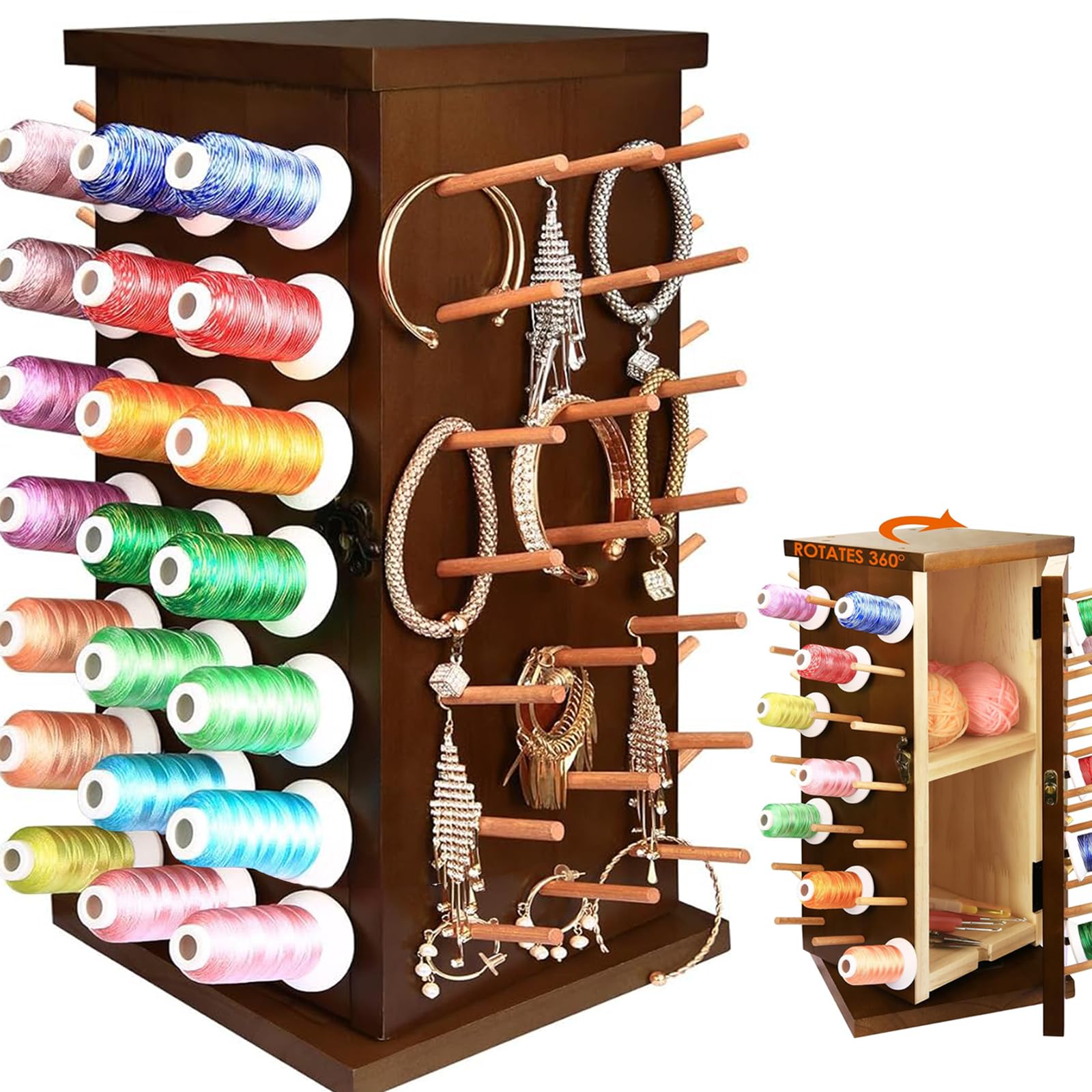 Wooden 84 Spools Thread Rack/Thread Holder Organizer with Inner Storage Compartments, 360° Fully Rotating Thread Storage Organizer for Sewing, Embroidery, Hair-braiding and Jewelry (Brown)