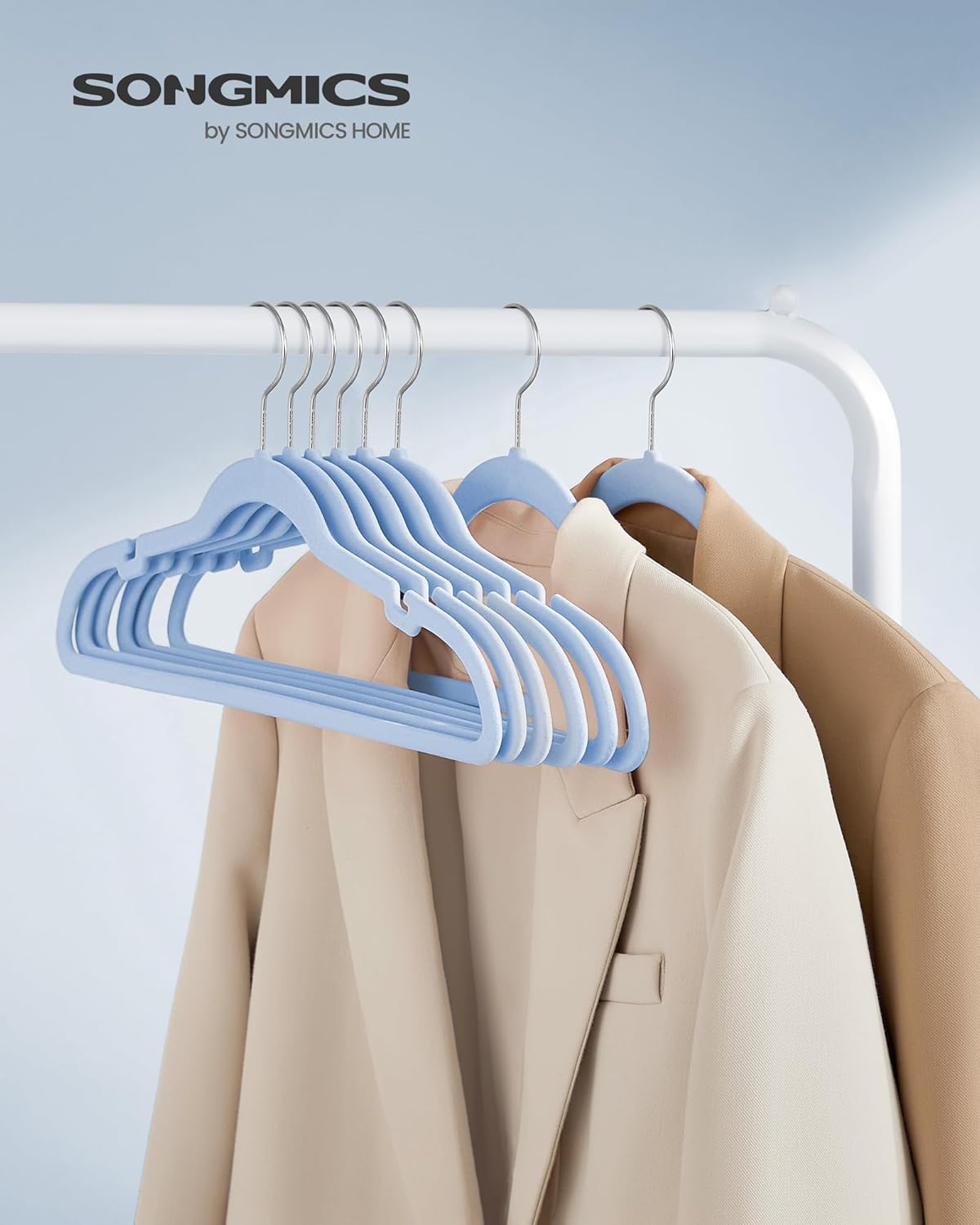 SONGMICS Velvet Hangers 50 Pack, Non-Slip Clothes Hangers, Suit Hangers with Shoulder Notches, Pants Bar, 360° Swivel Hook, Space-Saving, for Closet, Pale Blue UCRF029Q05 - Image 2