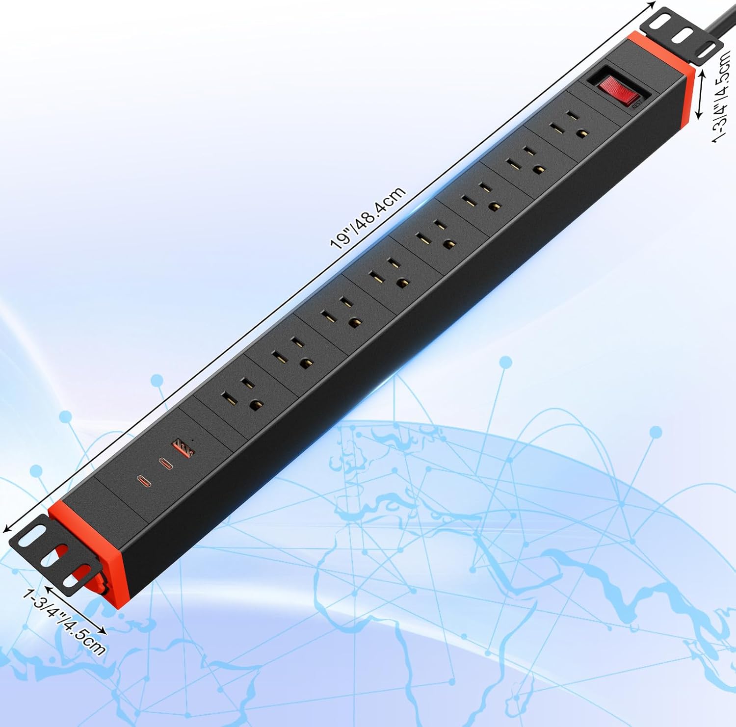 QBA 8 Outlet Heavy Duty Power Strip with USB Ports, Rack Mount Surge Protector with 360° Rotating Brackets, USB C PD 20W, Wall Mount Power Strip for Home Office Garage Workshop