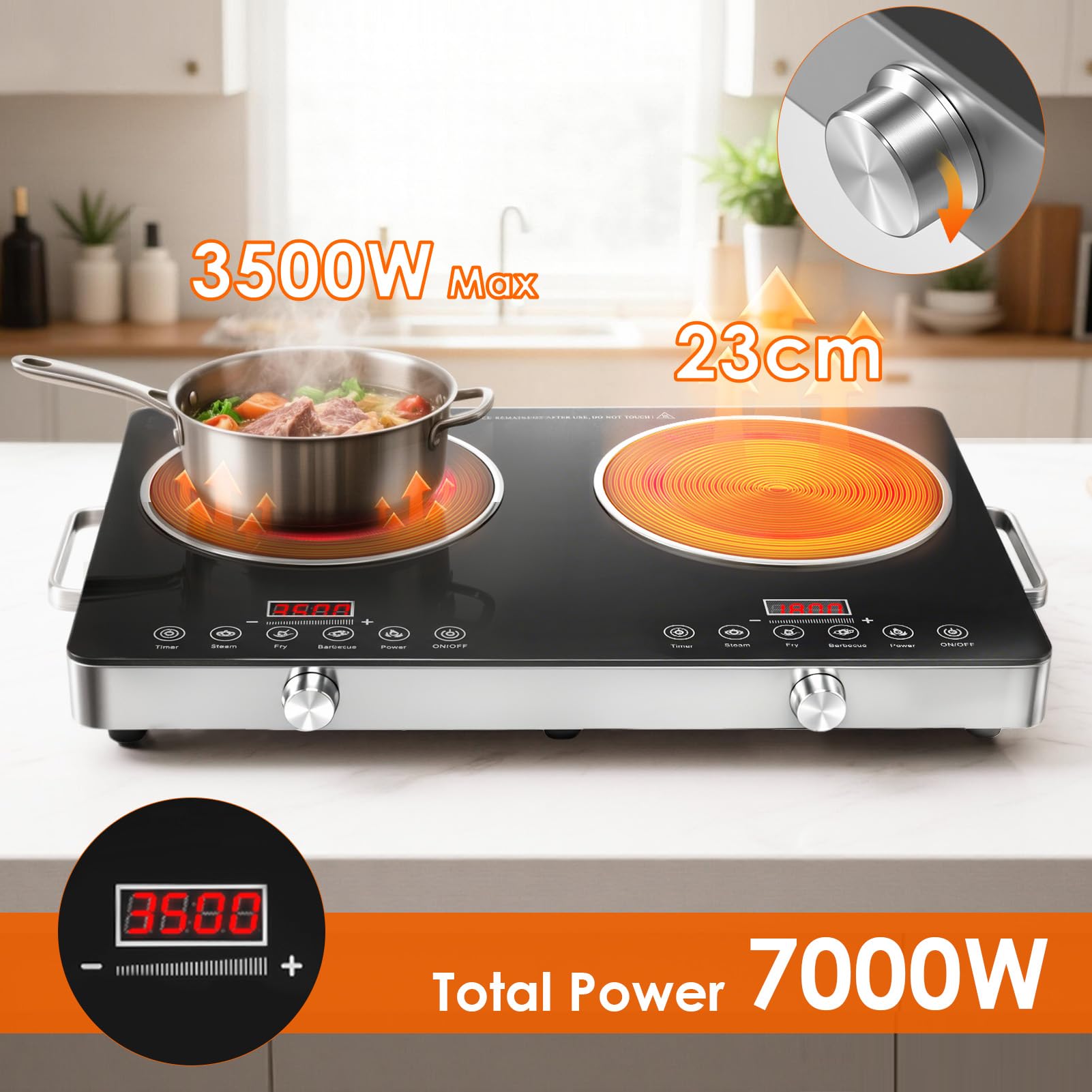 Kochplatte Mit Stecker 🔥 Tragbares Glaskeramik-Kochfeld 2 Platten – 3500W, Touch & Drehregler, 0–3 Std. Timer, Infrarot-Wärme – Für Küche, Camping, Wohnmobil – 220–240V