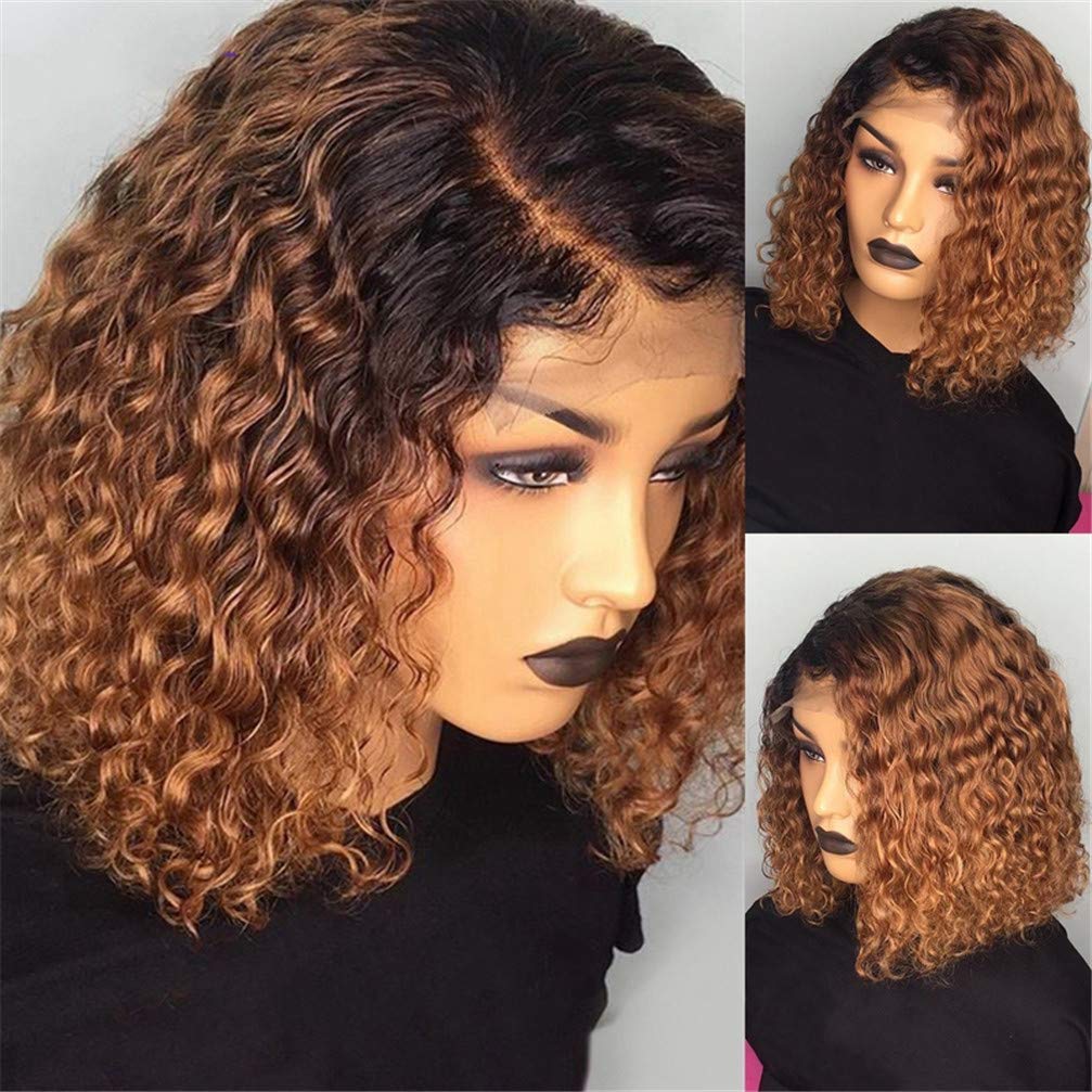 Color Short Curly Hair Lace Front Human Hair Wig with Baby Hair Pre Picking Brazilian 13X4 Lace Bob Wig 150 Density High Temperature Resistance Suitable