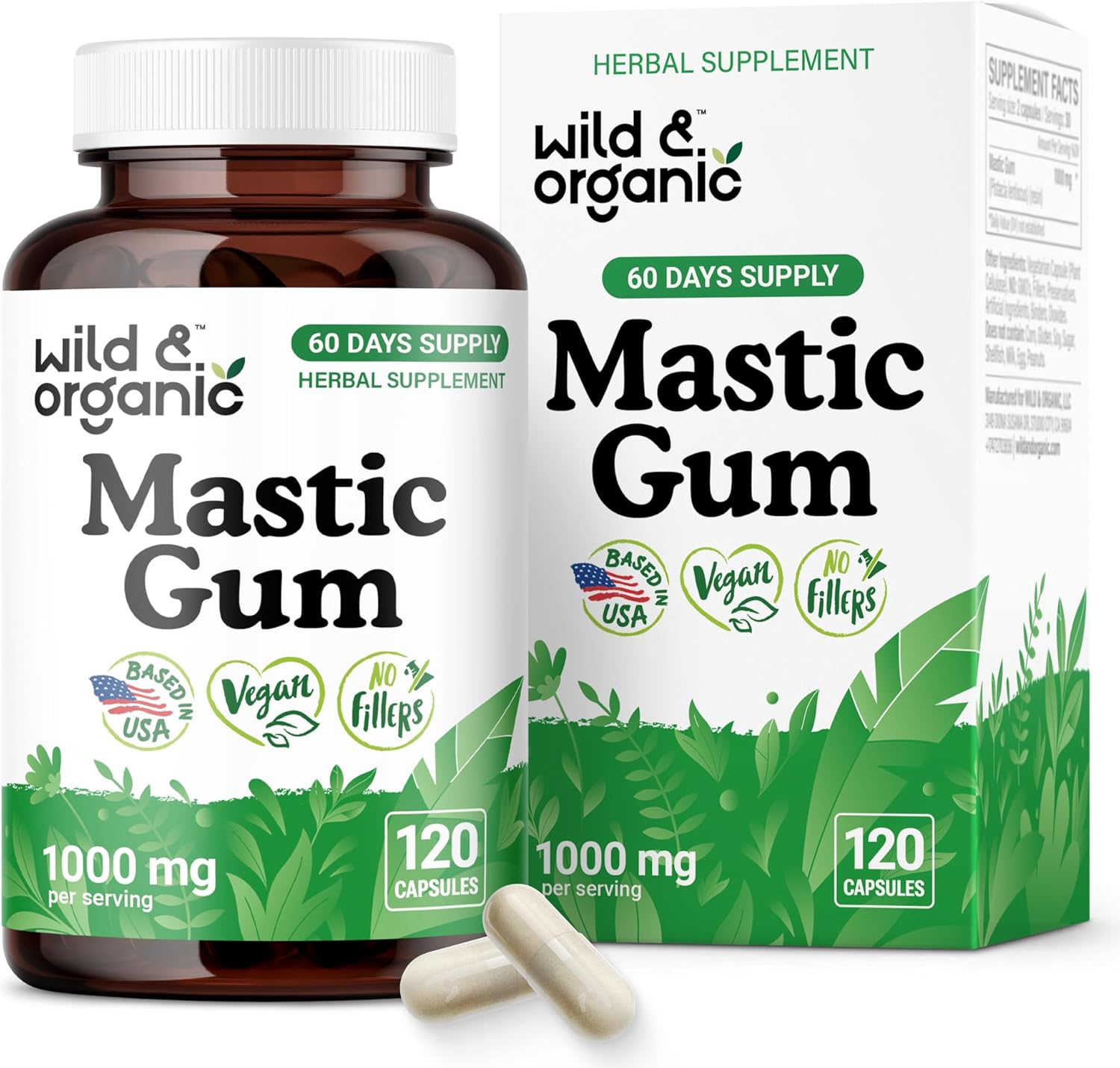 Wild & Organic Mastic Gum Capsules - 1000 mg Mastic Gum Resin Supplement for Gut Support - 90 Days of Supply - 180 Vegan Capsules - No Fillers, Non-GMO, Gluten-Free