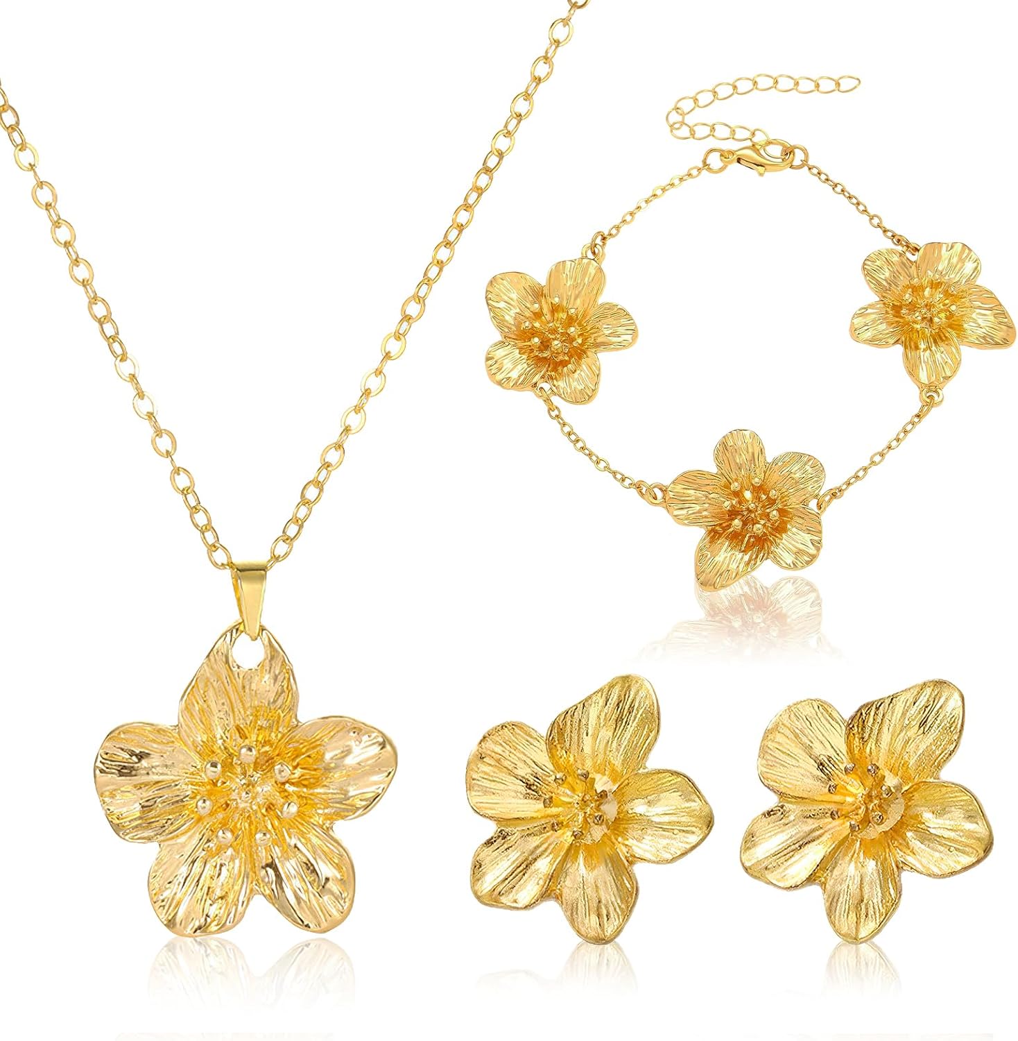 Qoncosy Gold Flower Jewelry Set for Women - Dainty Necklace, Boho Statement Earrings, Adjustable Bracelet, Floral Gifts