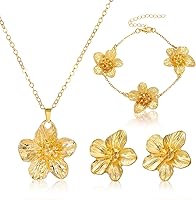 Qoncosy Gold Flower Jewelry Set for Women - Dainty Necklace, Boho Statement Earrings, Adjustable Bracelet, Floral Gifts