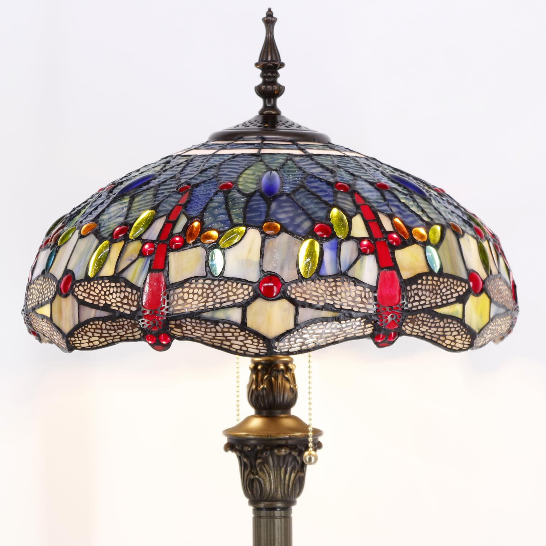 WERFACTORY Tiffany Floor Lamp Dragonfly Blue Brown Stained Glass Standing Reading Light 16X16X64 Inches Antique Pole Corner Lamp — view 9