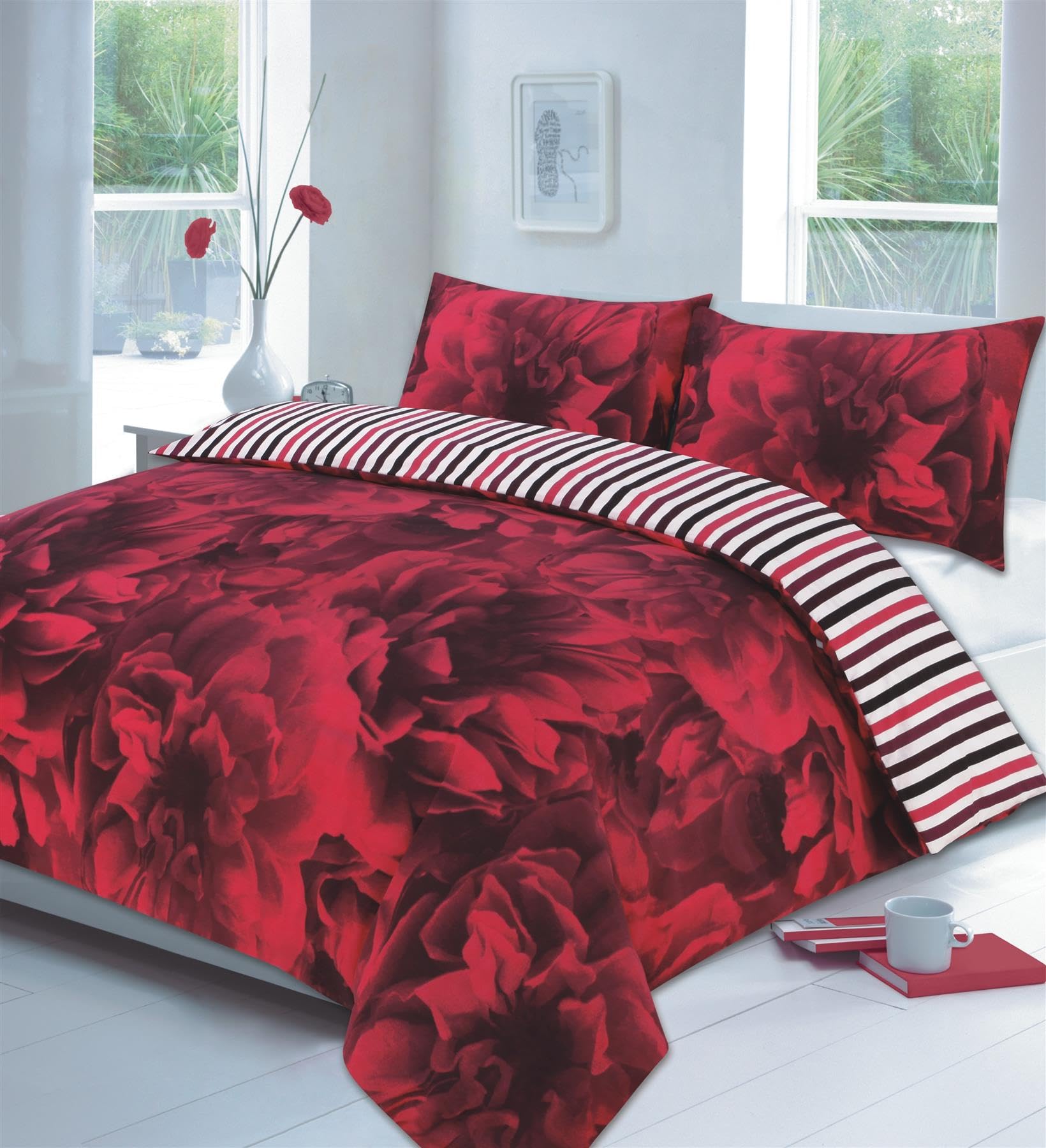 Kampala Hill Roses Duvet Cover Bedding Set Double, Red