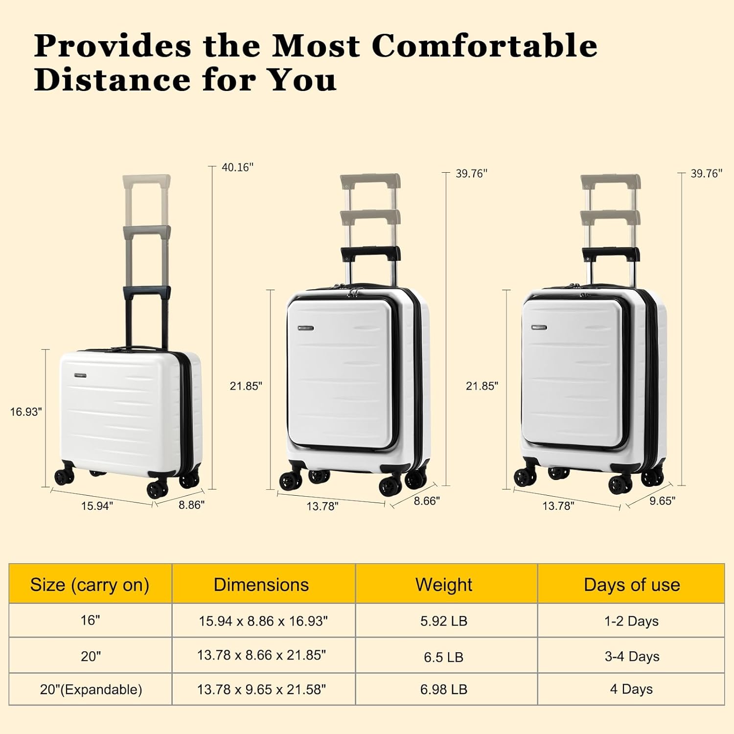 16 Inch Carry On Luggage Airline Approved, Expandable Lightweight ABS+PC Hard Shell Suitcases with 360° Spinner Wheels, TSA Lock, YKK Zippers (White, 1 PC) - Image 8