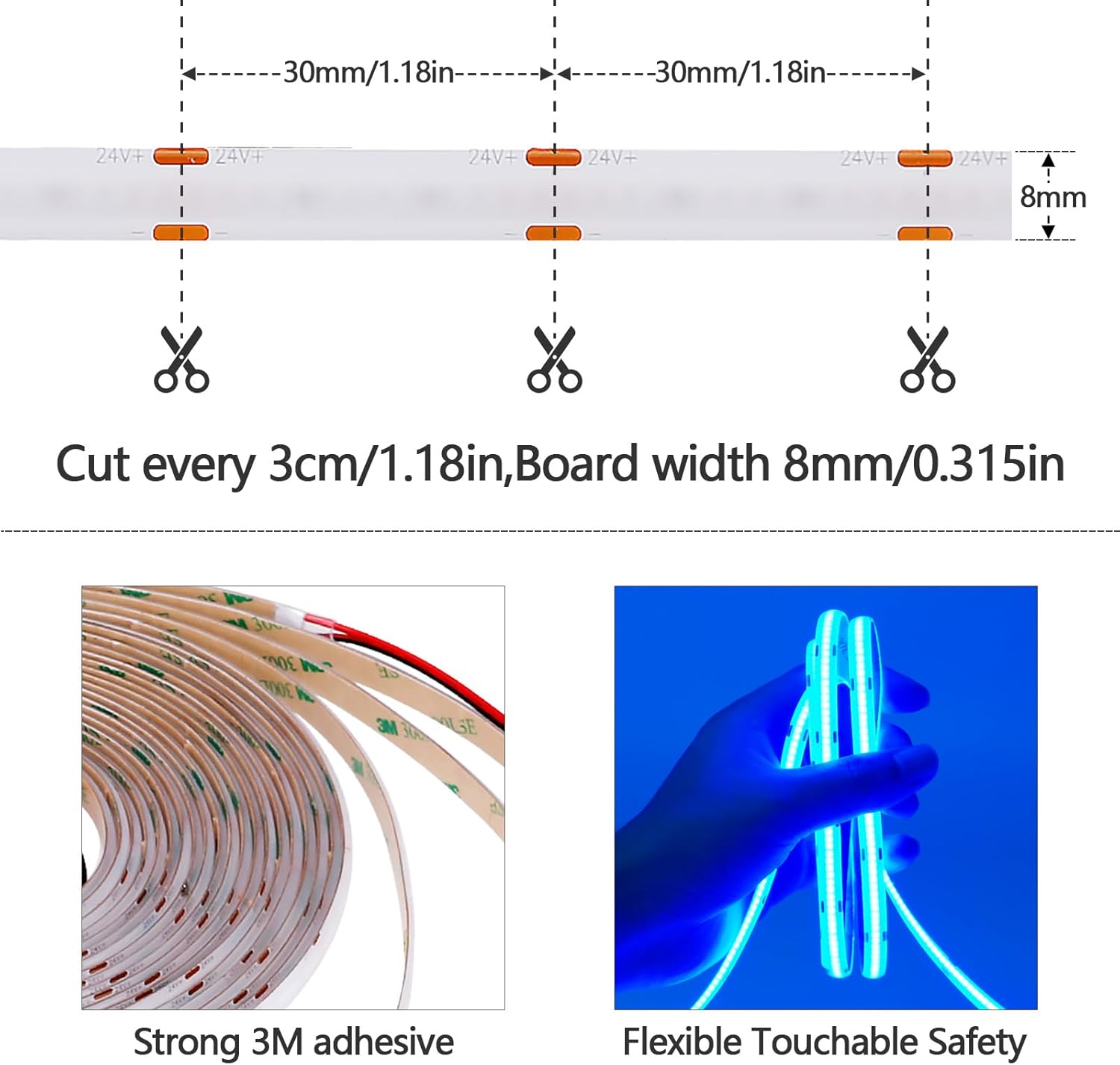 GOMING 32.8ft(10M) DC 24V Blue COB LED Strip Light IP65 Waterproof 3840LEDs Uniform Glow Dotless Flexible LED Tape Lights for DIY Garden Backyard Hallways Stairs Decoration(No Power Supply)