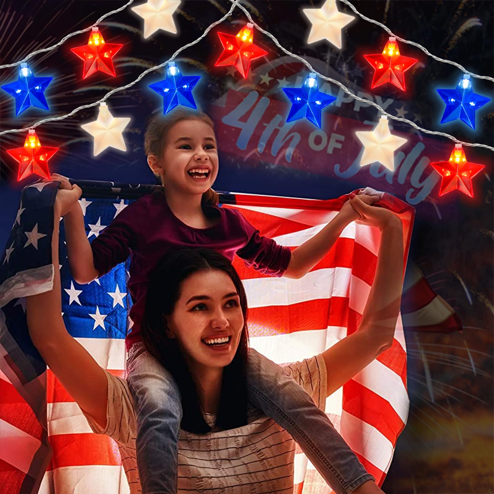 Couah Patriotic Star String Lights - 8.5Ft Red White Blue LED Outdoor Decor For 4th Of July, Memorial Day & Patriotic Celebrations