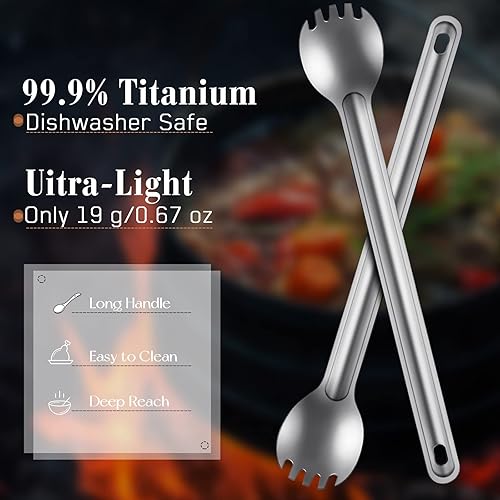 Miniatura 4 de 4 piezas de titanio de mango largo Spork and Spoon Ultraligero Portabale Cubiertos de 8.7 pulgadas Cuchara de sopa Cuchara Spork Camping Spork para