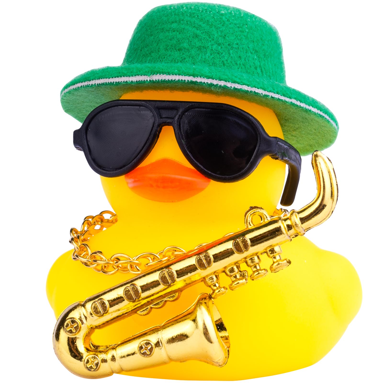 MuMyer Car Rubber Duck, Yellow Duck Car Dashboard Decorations with Mini Top Hat Musical Instrument Sunglasses Necklace(2 Inch, Dark Green)