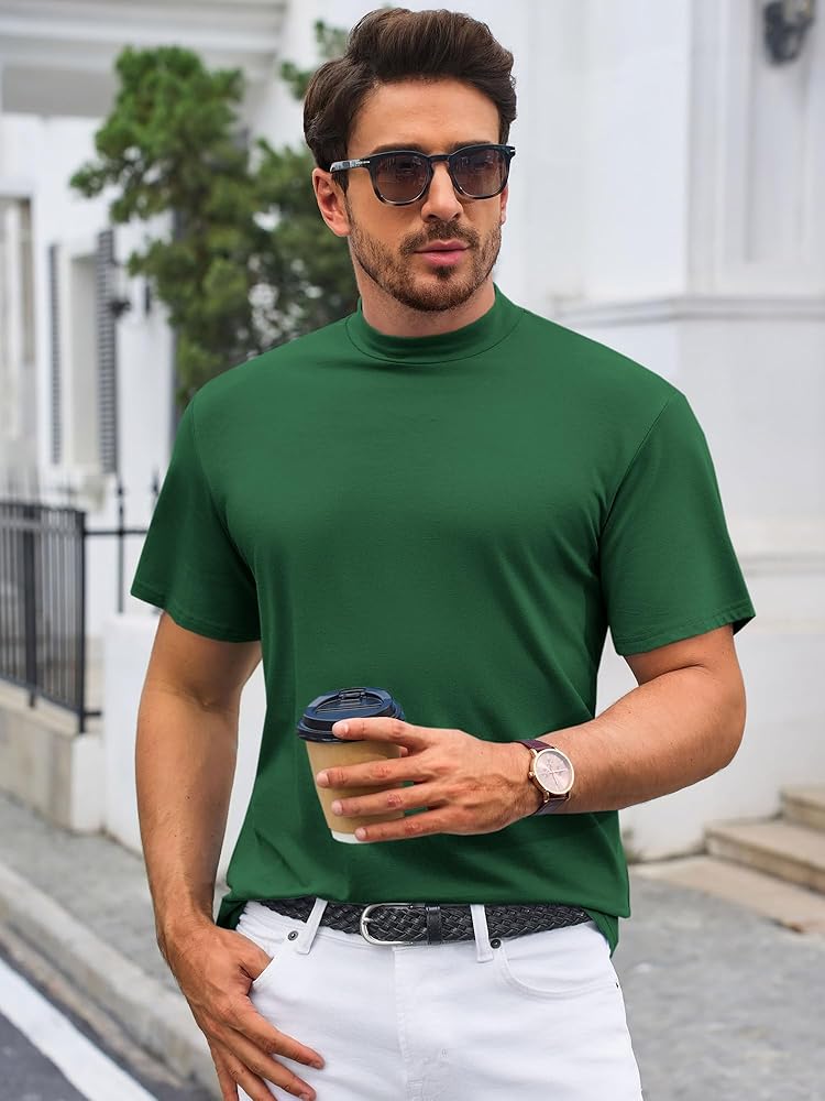 Mens Mock Turtleneck T Shirts Short Sleeve Cotton Basic Undershirt