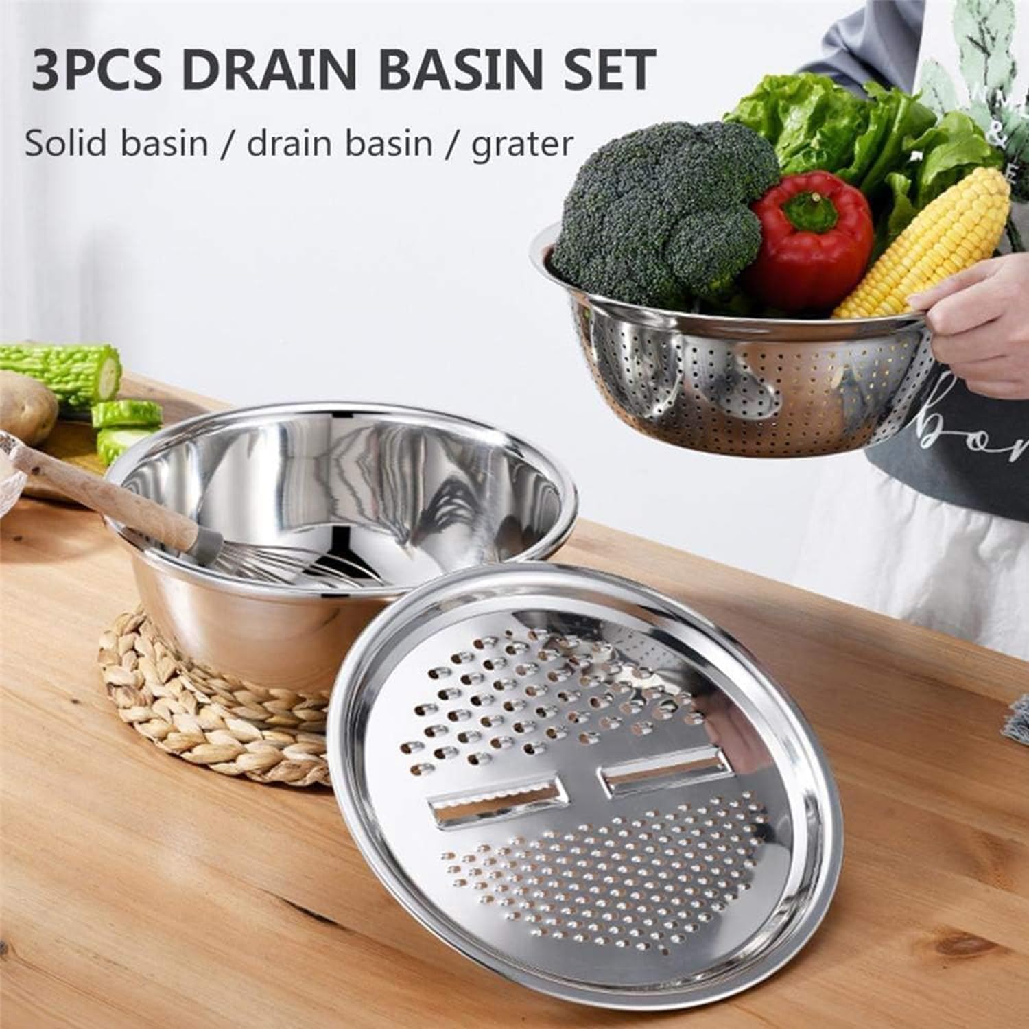 Stainless Steel Grater with Drain Basket, 3 in 1 Multipurpose Stainless Steel Grater Bowl Set-Grate/Rinse/Drain, Multifunctional Shredding & Drainage Chopping Basin Kitchen Essentials (26cm)