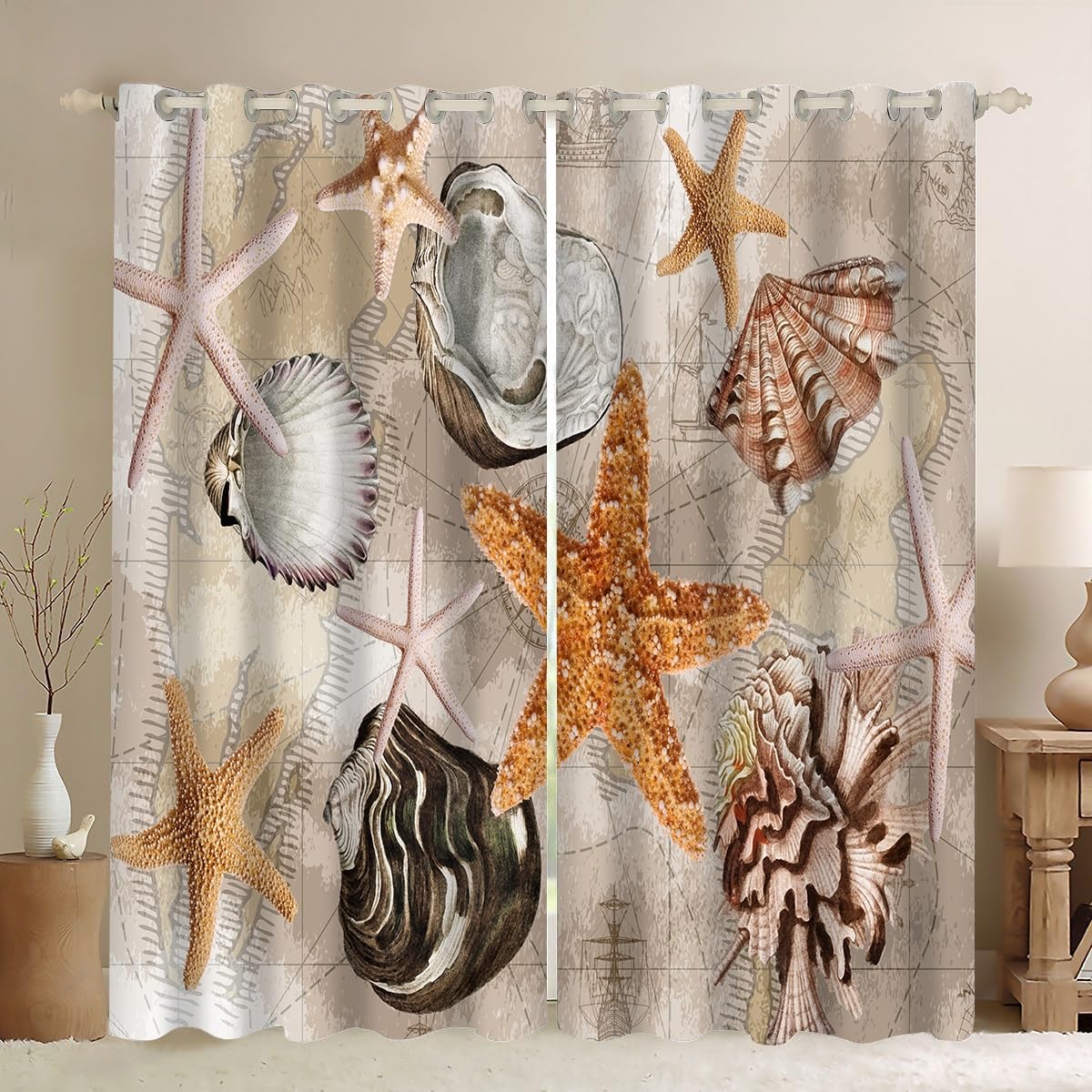 Ykncxzy Nautical Blackout Curtains, Vintage Distressed Coastal Ocean Themed Seashell Starfish Thermal Eyelet Window Curtains 2 Panels, Marine Life Print Drapes for Bedroom, W46.2 x L72 x 2 Panels