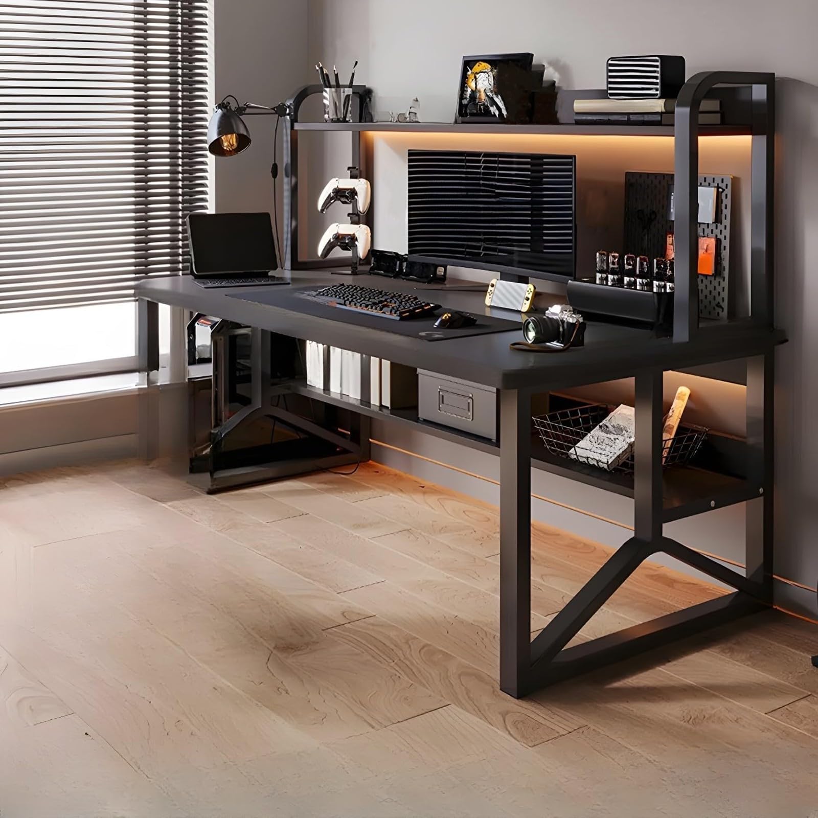 Moderno escritorio de madera para juegos y escritorio de oficina con estantería, elegante escritorio para oficina en casa, 120 cm, diseño funcional y ergonómico, perfecto para trabajar y jugar