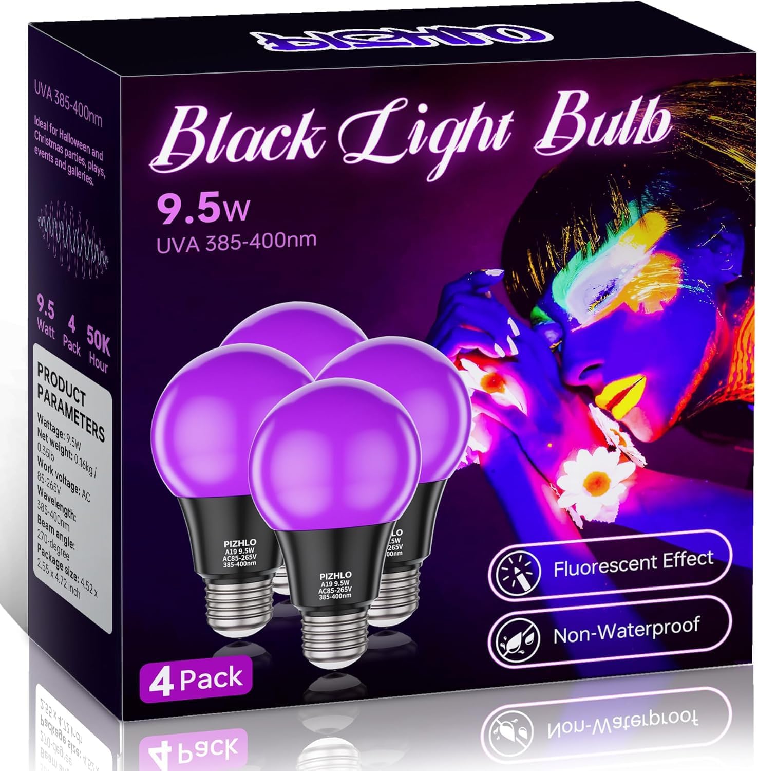 4 Pack 9.5W LED Black Light Bulb, A19 E26 Black Shell Blacklight LED Bulb, 385-400nm, Glow in The Dark for Blacklight Party, Body Paint, Fluorescent Poster, Halloween, Valentine's Day