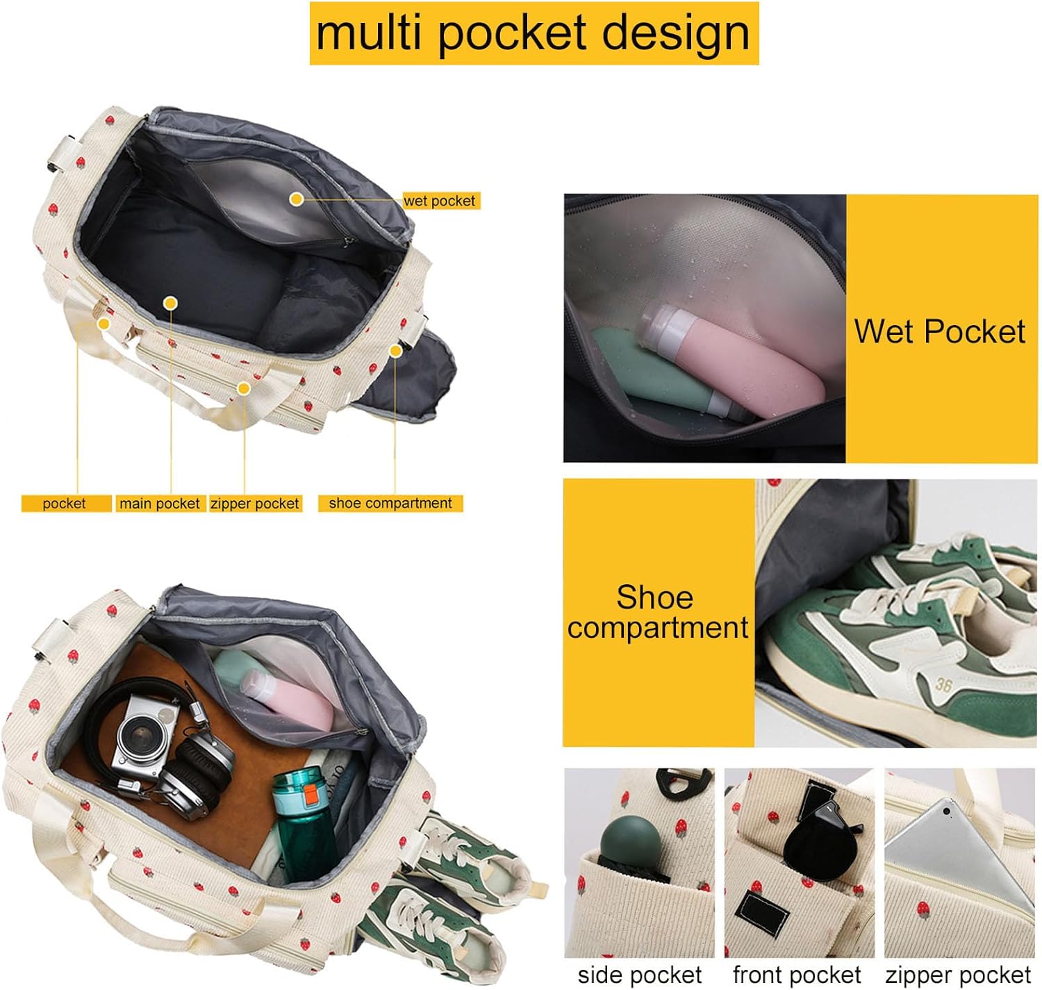 Strawberry Duffle Bag Girls Kids Corduroy Cute Gym Bag with Shoes Compartment & Wet Pocket Kids Sports Overnight Travel Weekend Bag (brown) - Image 3