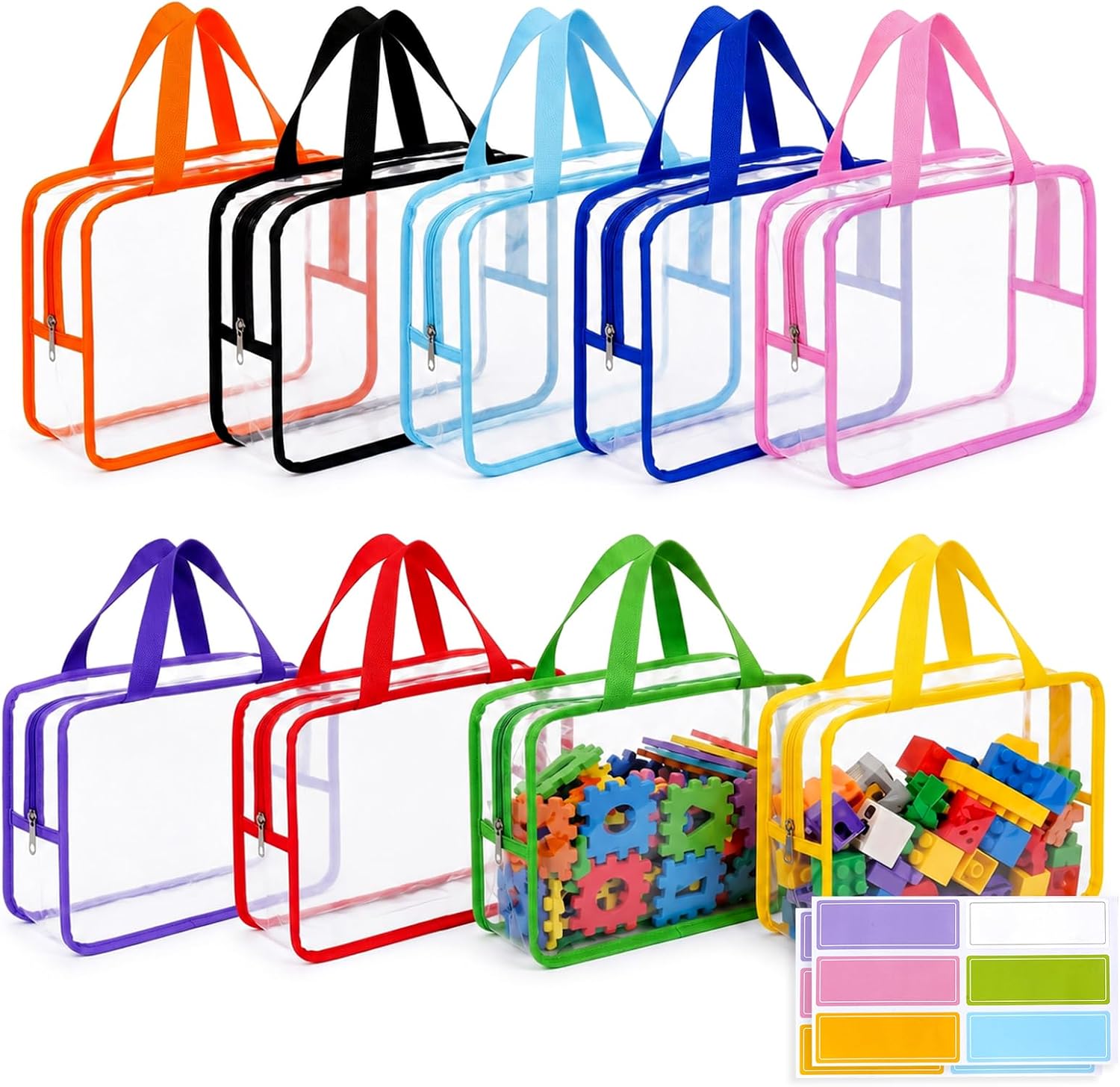9 Packs Toy Storage Bags with Labels, 9 Colors Reusable Toy Bags | Clear PVC Waterproof Storage Travel Organizer Bags for Board Games, Building Blocks, Puzzle, Books, Stationery