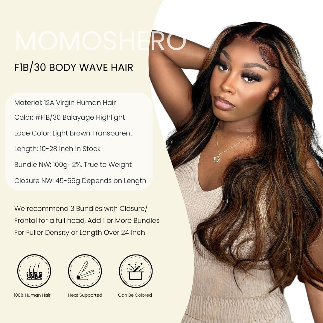Brown Highlight Lace Frontal Only Human Hair 18In, Brazilian 12A 100% Virgin HD 13x4 Ear to Ear Lace Frontal Pre Plucked Black and Honey Brown Ombre F1B/30 Colored Human Hair For Quick Weave