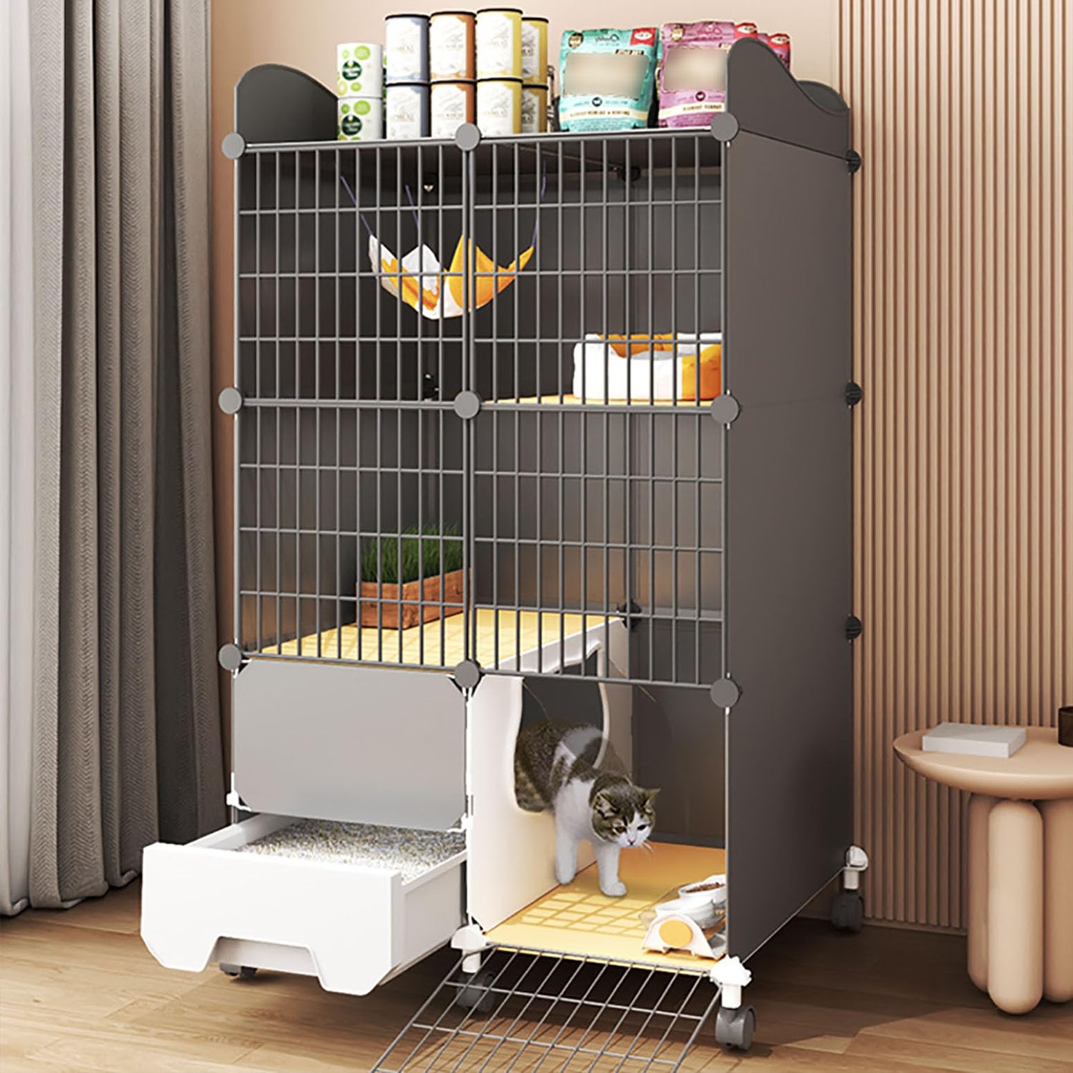 Jaulas para Gatos Interior, Recinto para Gatos con Balcón con Ruedas, Corral para Gatos con Caja de Arena, Espacio de Expansión y Fácil Limpieza (Size : 75x39x125 cm)