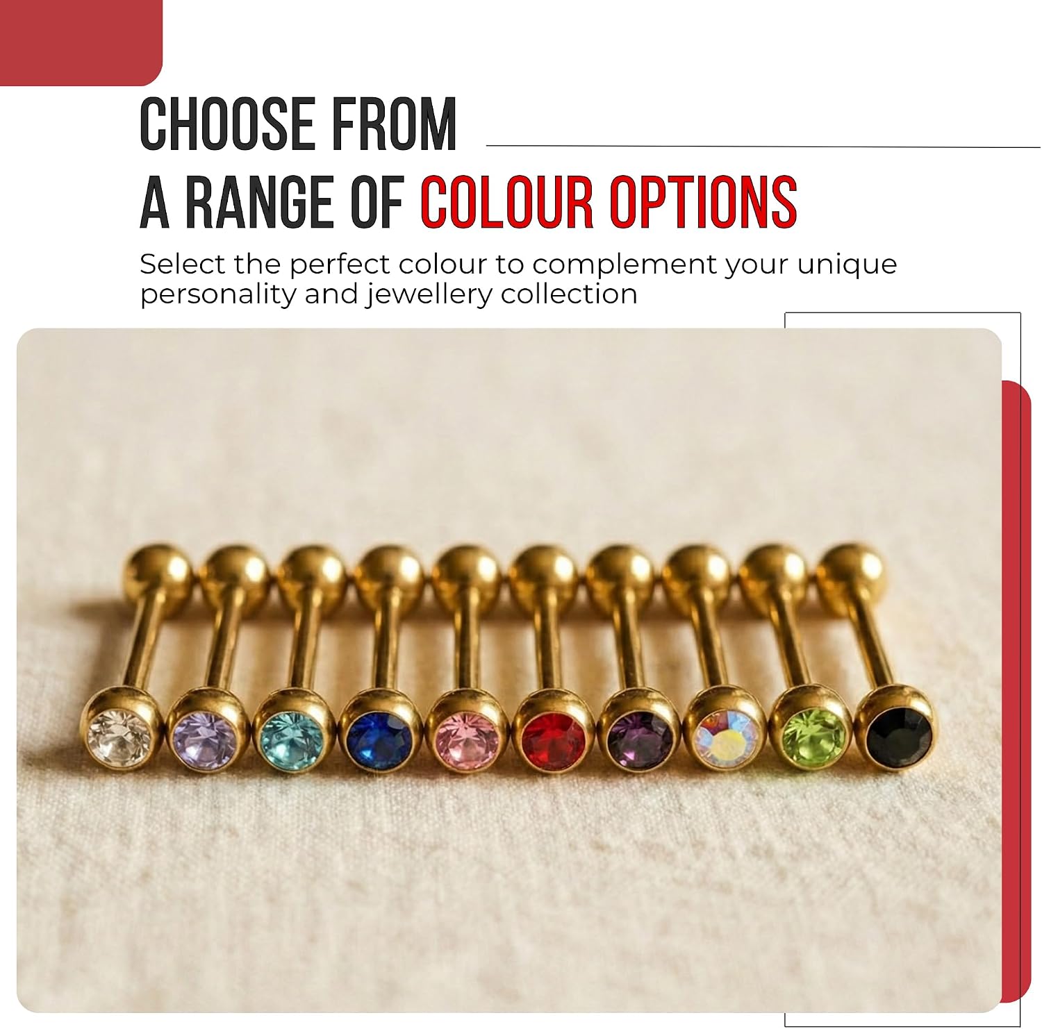 Single Crystal Stone Gold Anodized 316L Surgical Steel 6mm Ball with 14 Gauge - 16mm, 19mm Length Straight Barbell Tongue Bars - Tongue Ring - Tongue Stud Piercing Jewelry