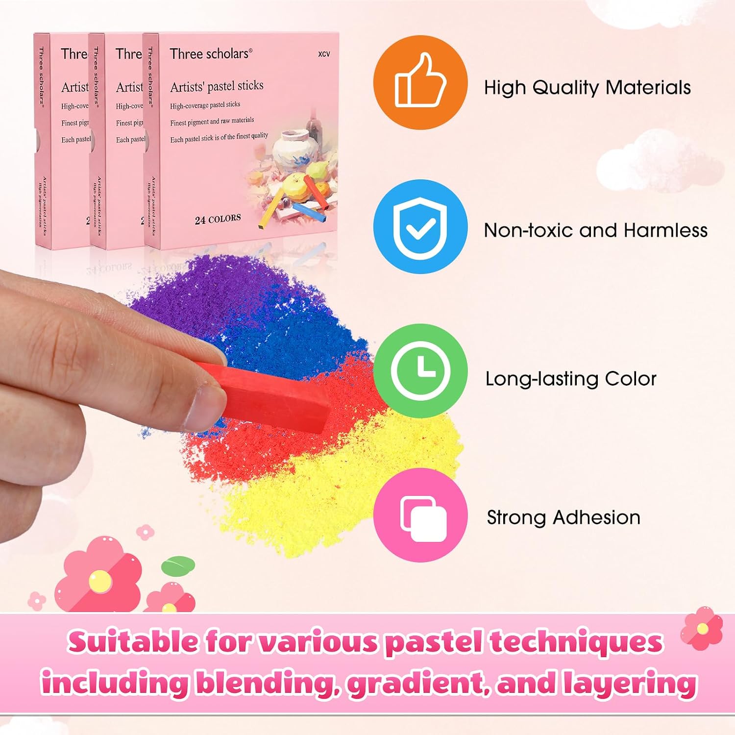 Watersay 192 Pcs Soft Pastels for Artists Color Pastels Set 8 Assorted Colors Square Chalk Sticks 2.36 Inches 24 Boxes Art Drawing Painting Supplies for Parties, Donations, 60 mm