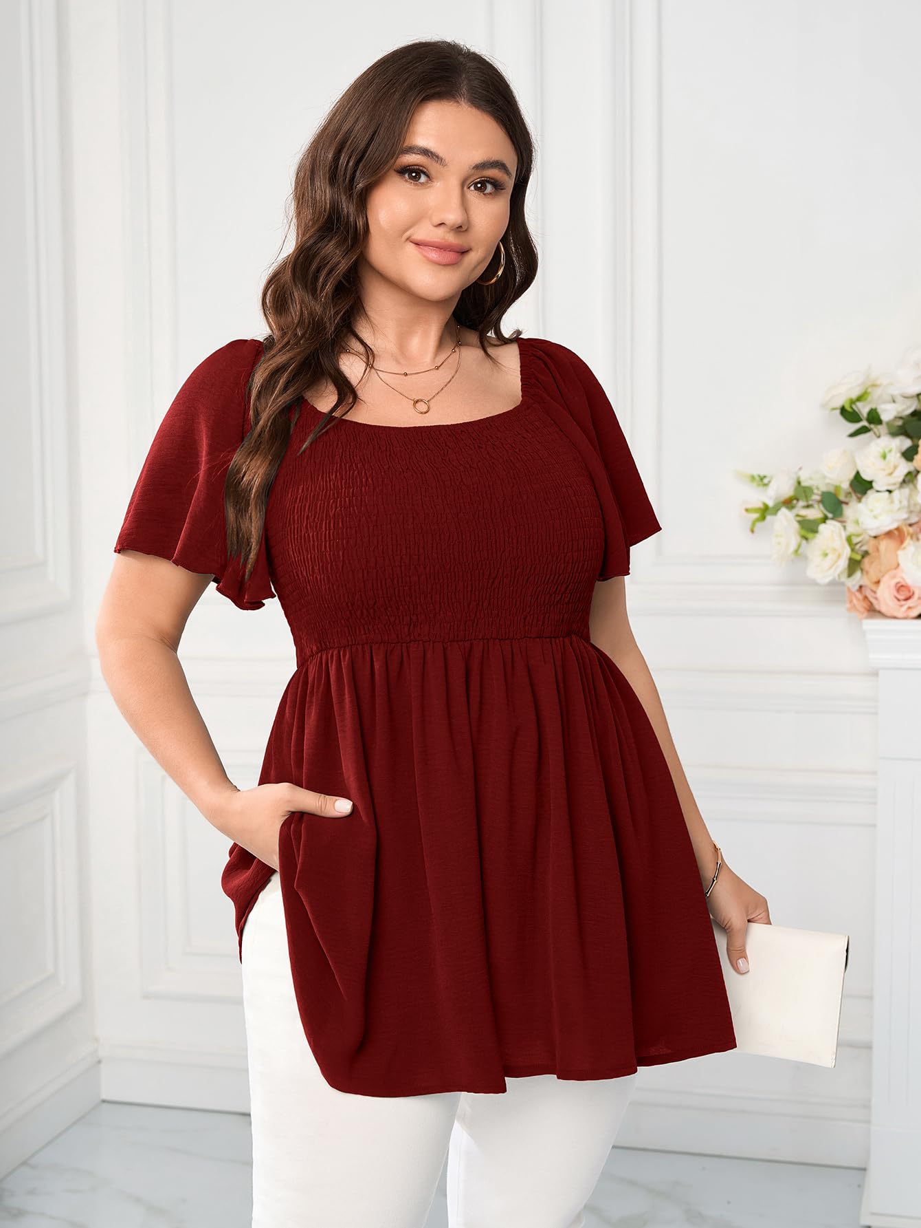 SHESTARR Haut habillé grande taille pour femme, col carré, manches courtes, smocké, péplum
