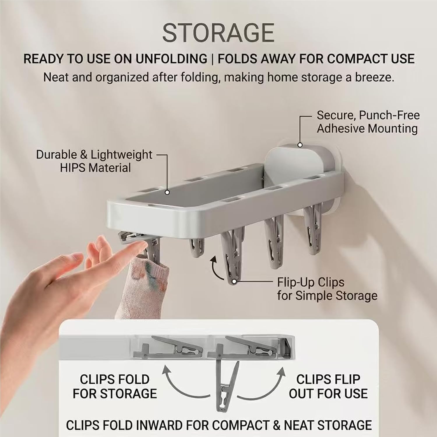 Wall Mounted Drying Rack with 7 Hidden Clips for Sock&Underwear Foldable Adhesive Collapsible Space-Saving Laundry Rack for Bathroom,Laundry Room,Balcony&Washstand, Holds 5.5 lbs-White 1Pack