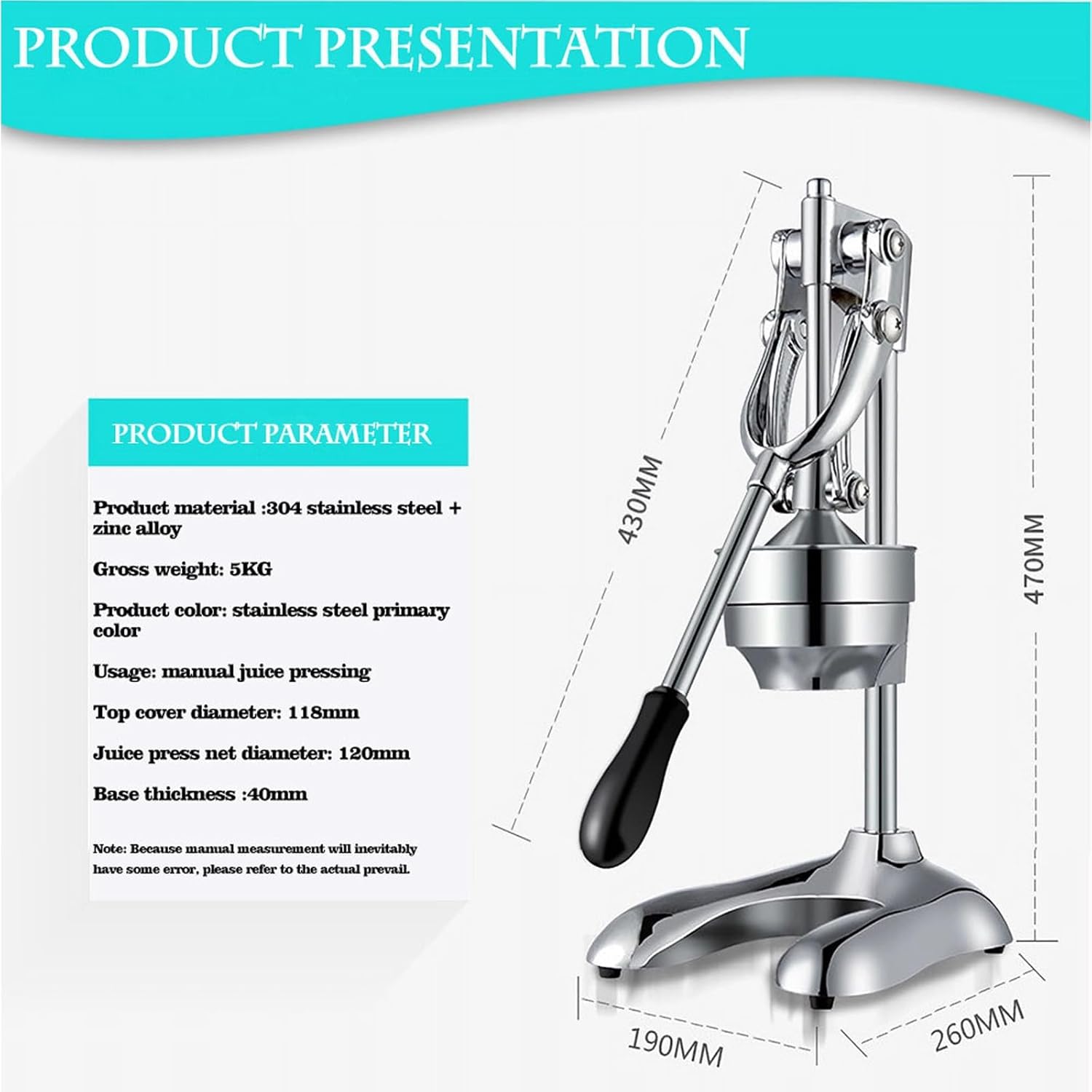 304 Stainless Steel Manual Citrus Juicer with 0.8 Inch Juice Outlet, Commercial Orange Press Squeezer with U Shaped Base, Detachable Easy-Clean, for Home Bar Restaurant Use