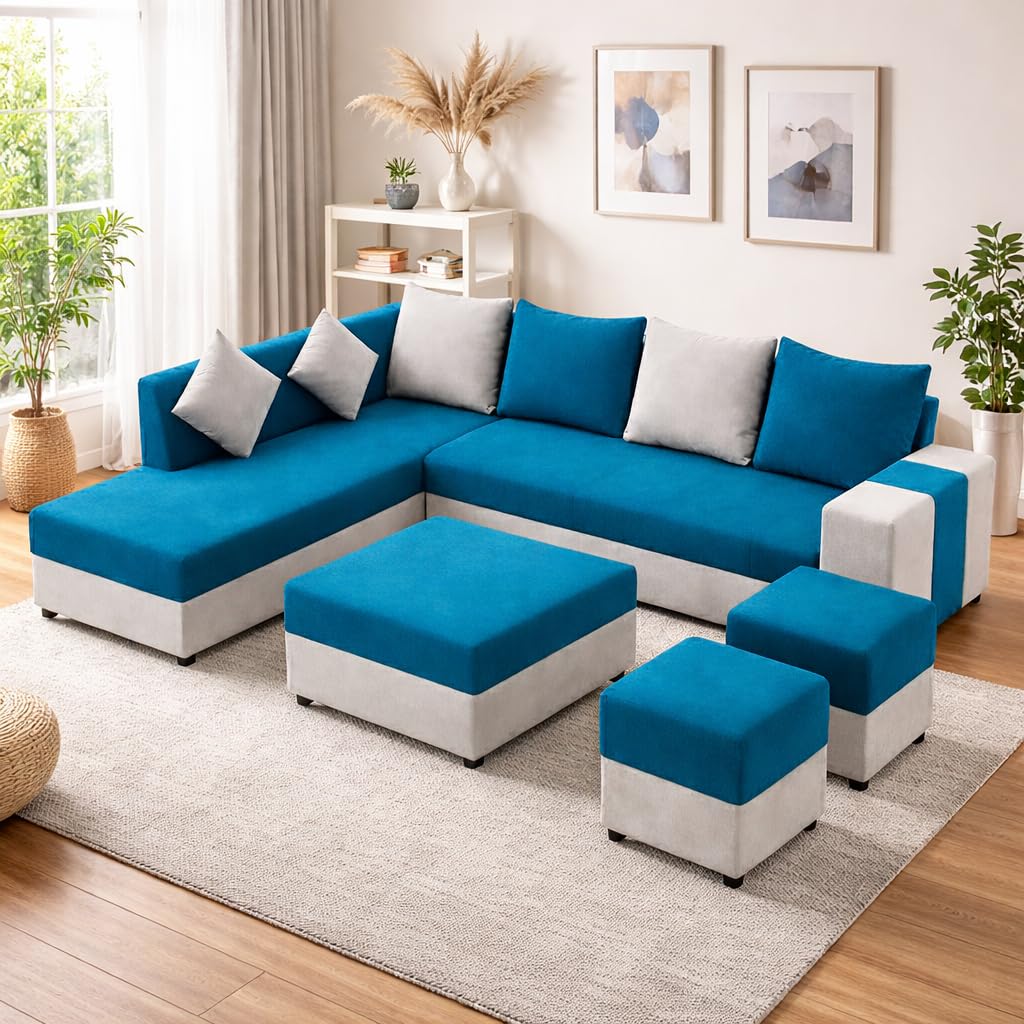 Zuri 8 Seater LHS L Shape Sofa Set | Velvet Suede Fabric L Shape Sofa for Livingroom with 2 Ottoman & Centre Table (Aqua Blue-Light Grey)